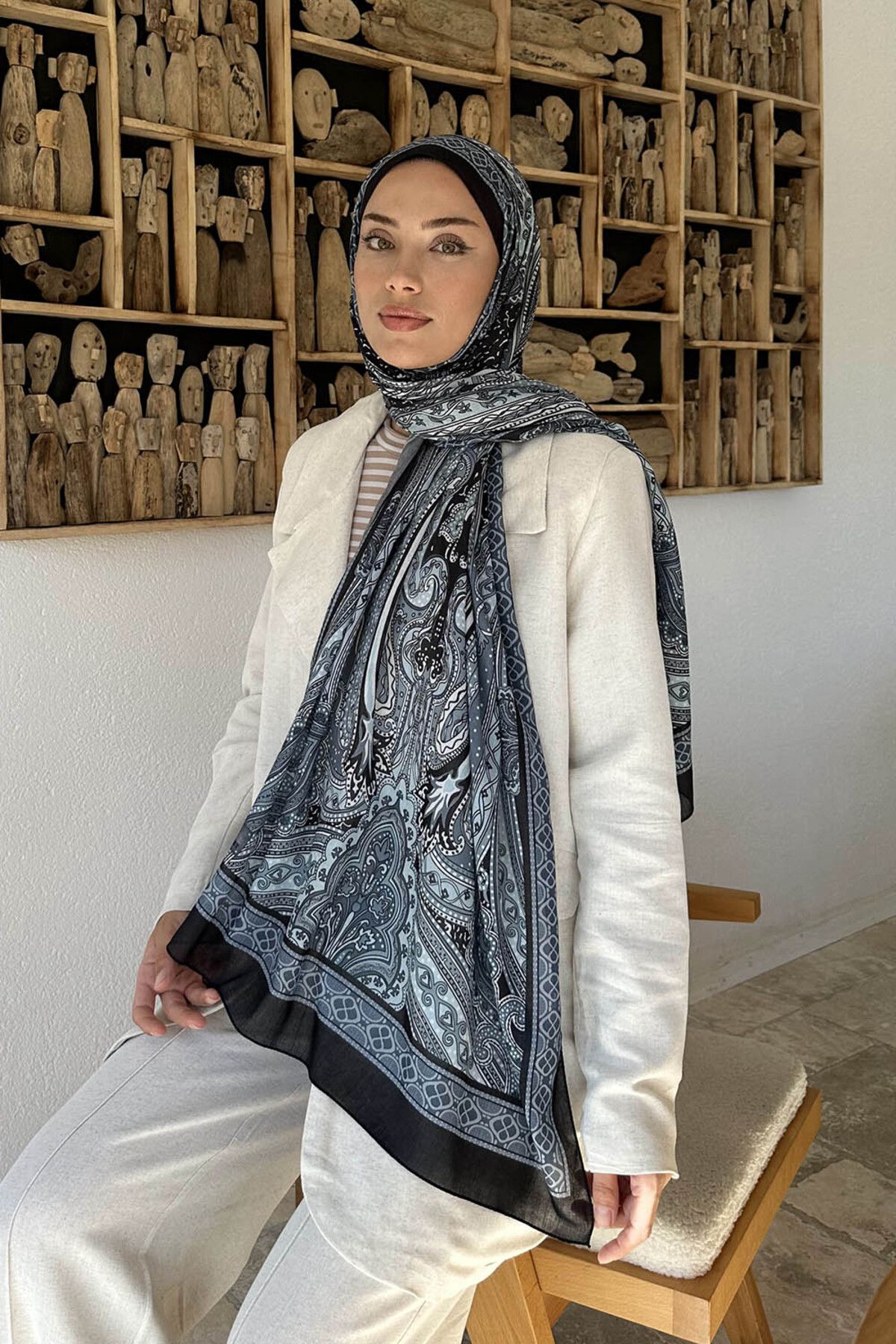 lamelif.com Retro Desen Pamuk Şal Siyah Gri