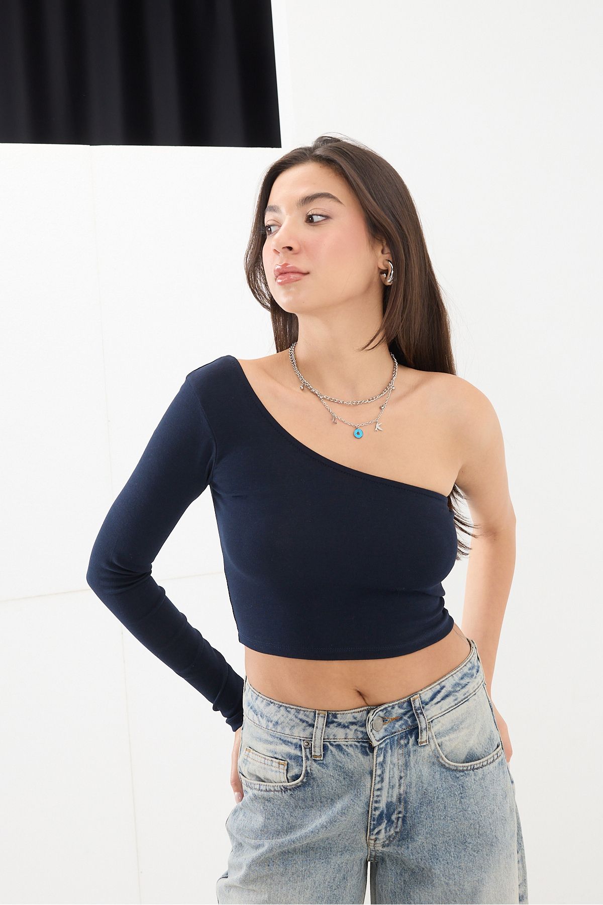 Addax Tek Omuz Uzun Kollu Crop Bluz B13784-F1