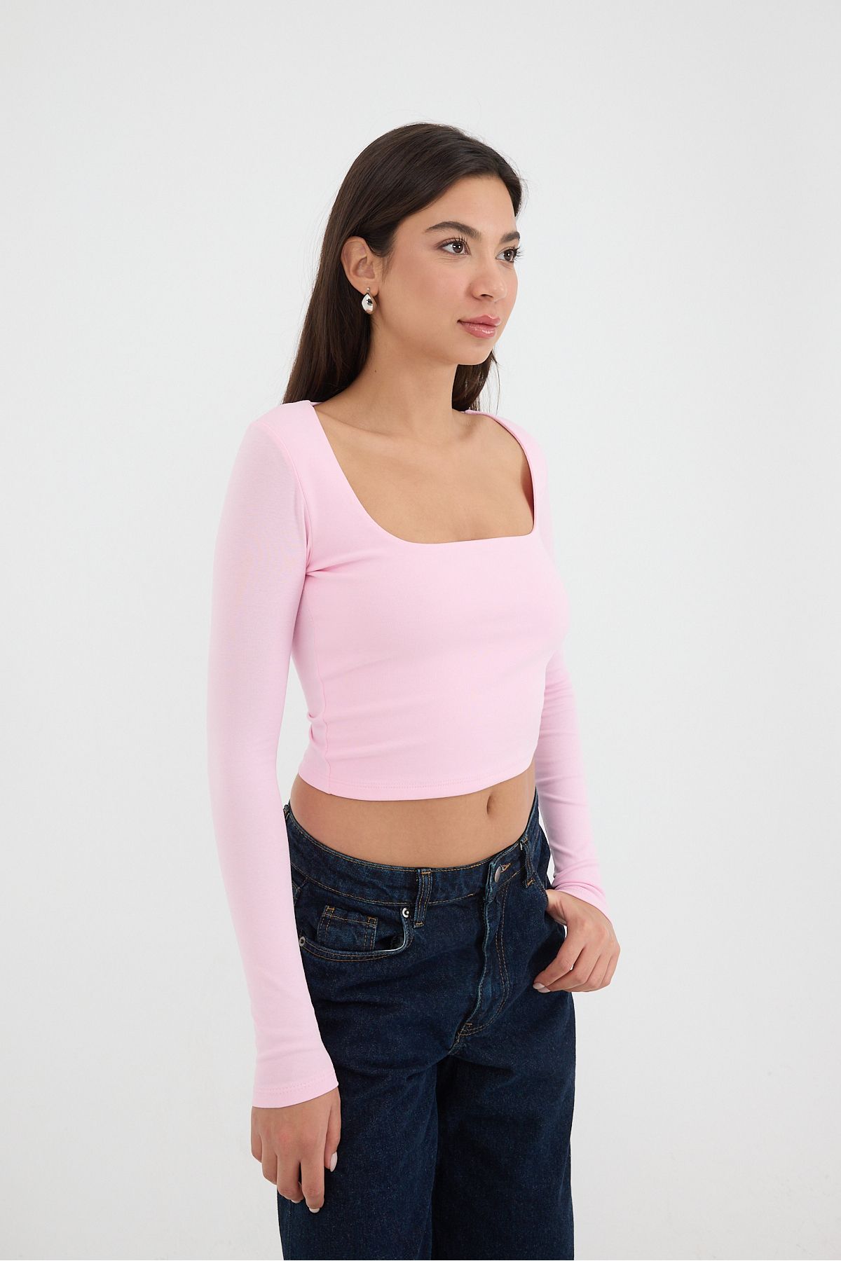 Addax Kare Yaka Uzun Kollu Basic Crop Bluz B3713-J1