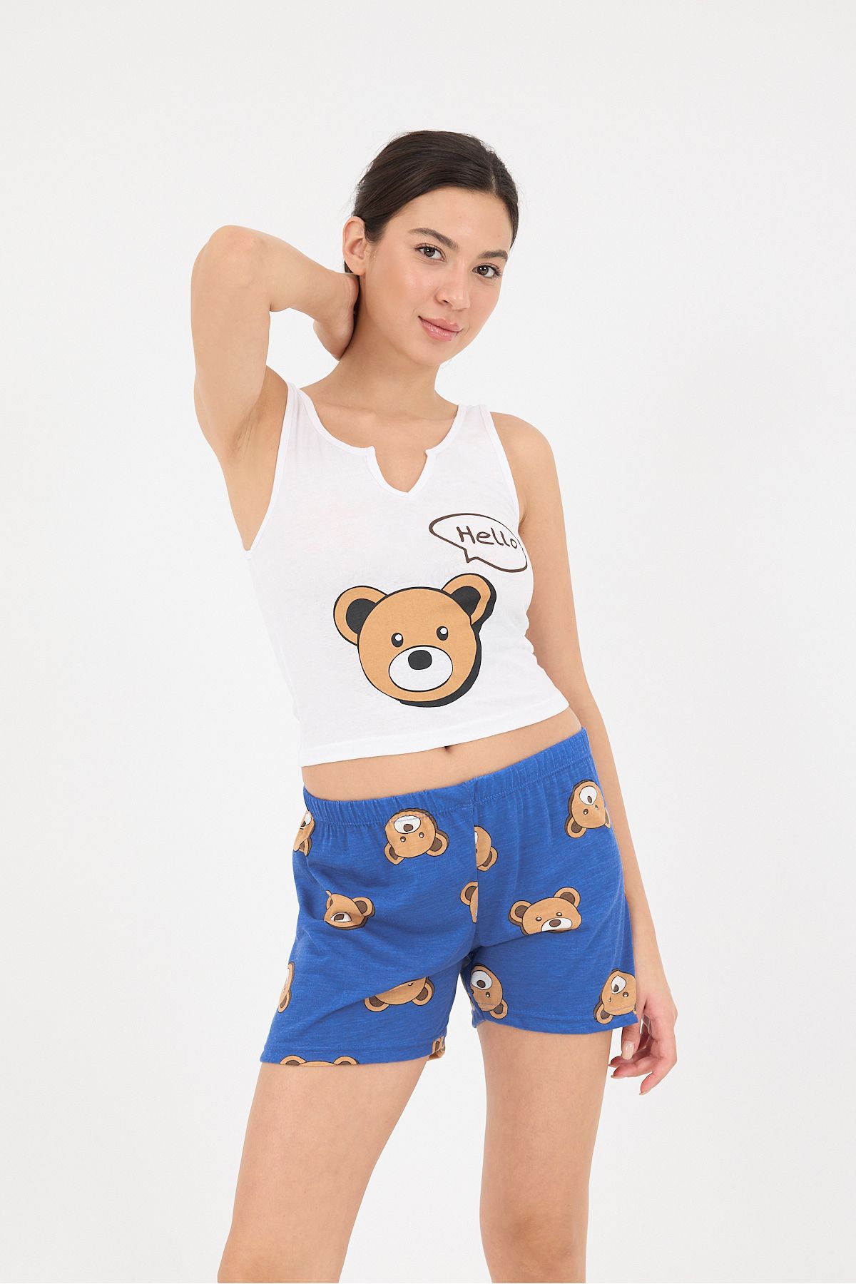 Addax Ayıcık Baskılı Şortlu Pijama Takımı Ş088-T8