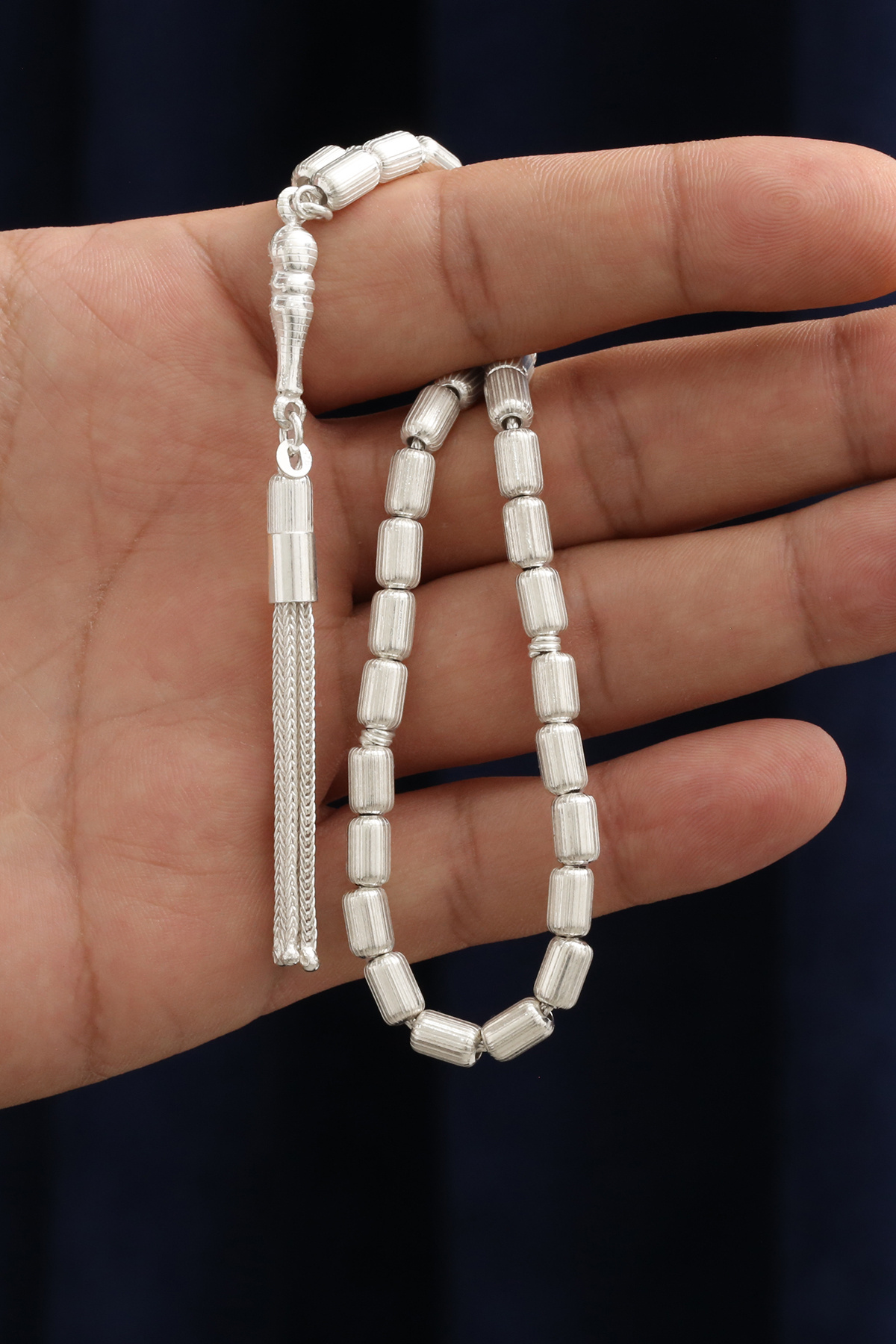 Ventino Silver Kapsül Kesim Çizgili Orta Boy 925 Ayar Gümüş Tespih VET-0097