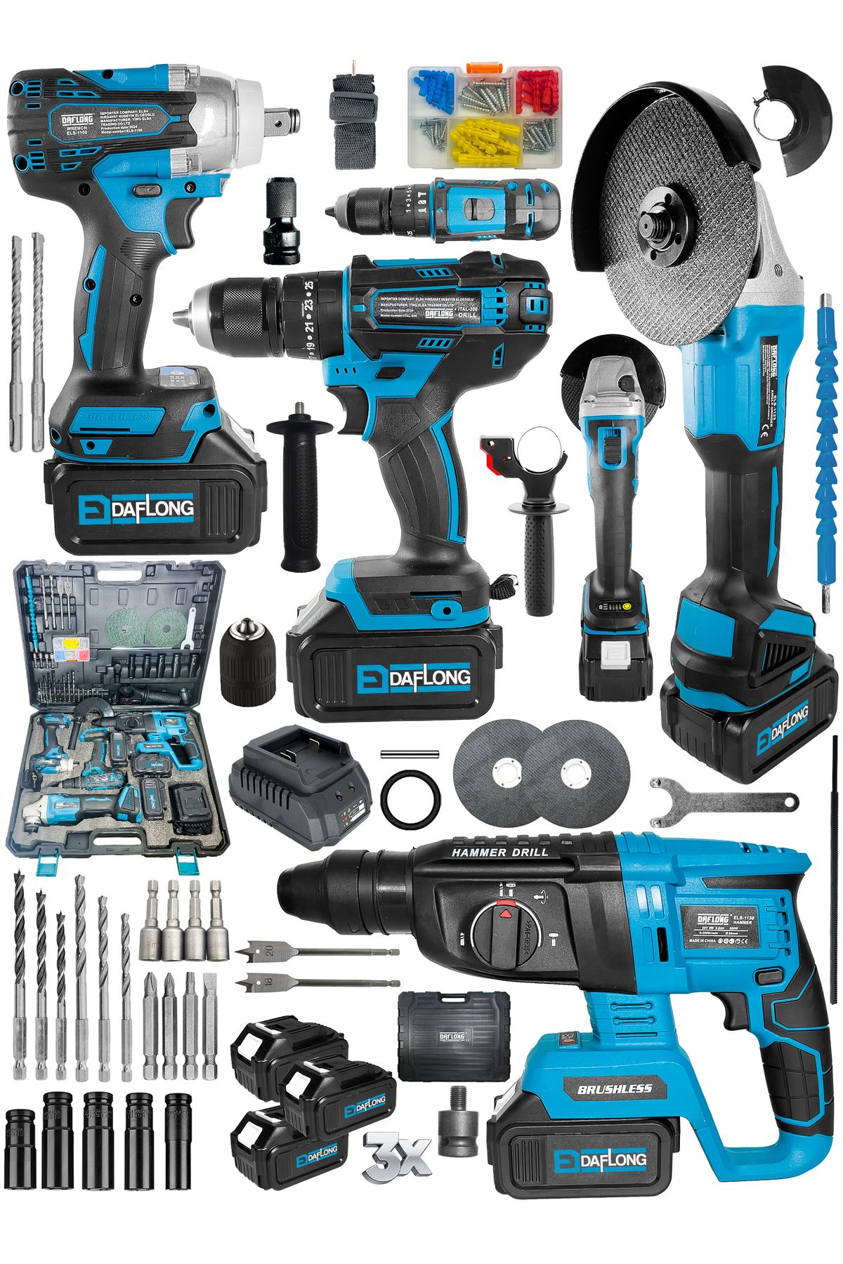 DAFLONG DAFLONGProfesyonel 4'lü Set Şarjlı Hilti-şarjlı Taşlama-13mm Şarjlı Darbeli Matkap-şarjlı Somun Sıkm