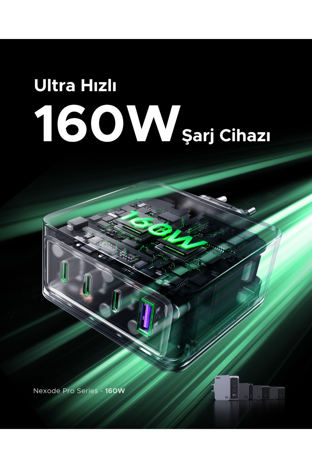 Ugreen Nexode Pro 160W GaN Hızlı Şarj Cihazı 100W Kablolu Type-C QC PD 3xUSB-C, 1xUSB-A, Uzay Grisi - 25877