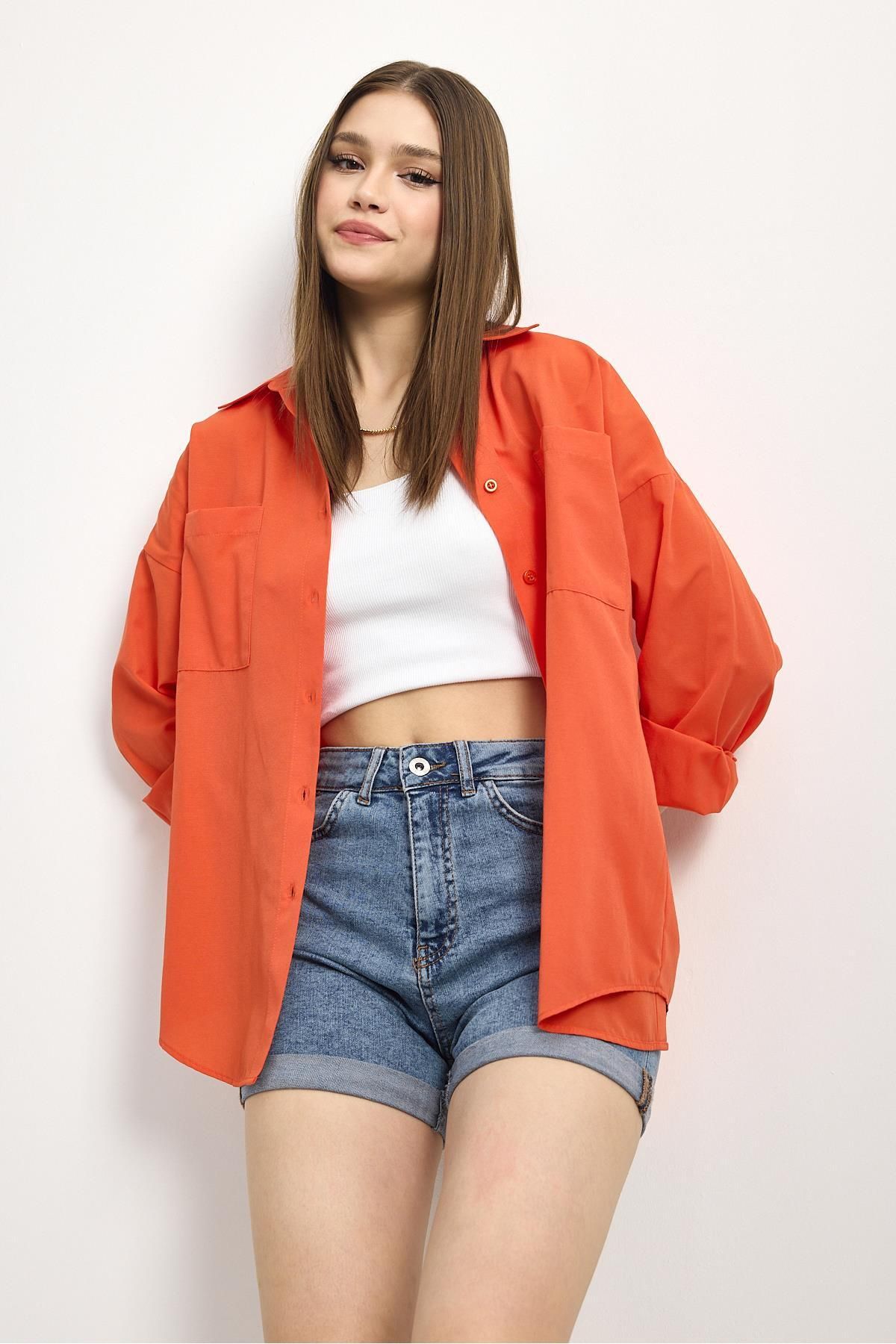 Rays Orange Çift Cepli Oversize Uzun Basic Gömlek Tcr 6256a