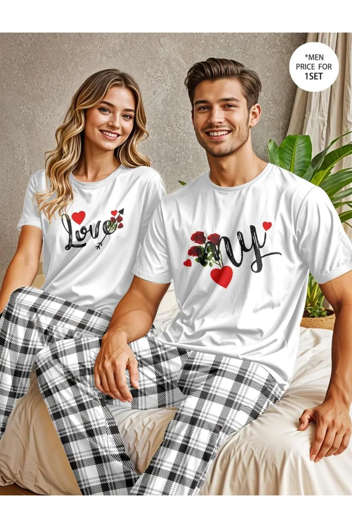 caddekombin Love My 2Li Sevgili Kombin Baskılı Pamuk Penye Beyaz T-shirt
