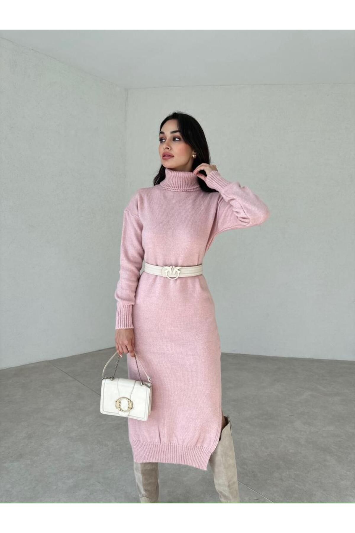 Mooi Butik Midi BRÜKSEL Triko Elbise 0385 - Pudra
