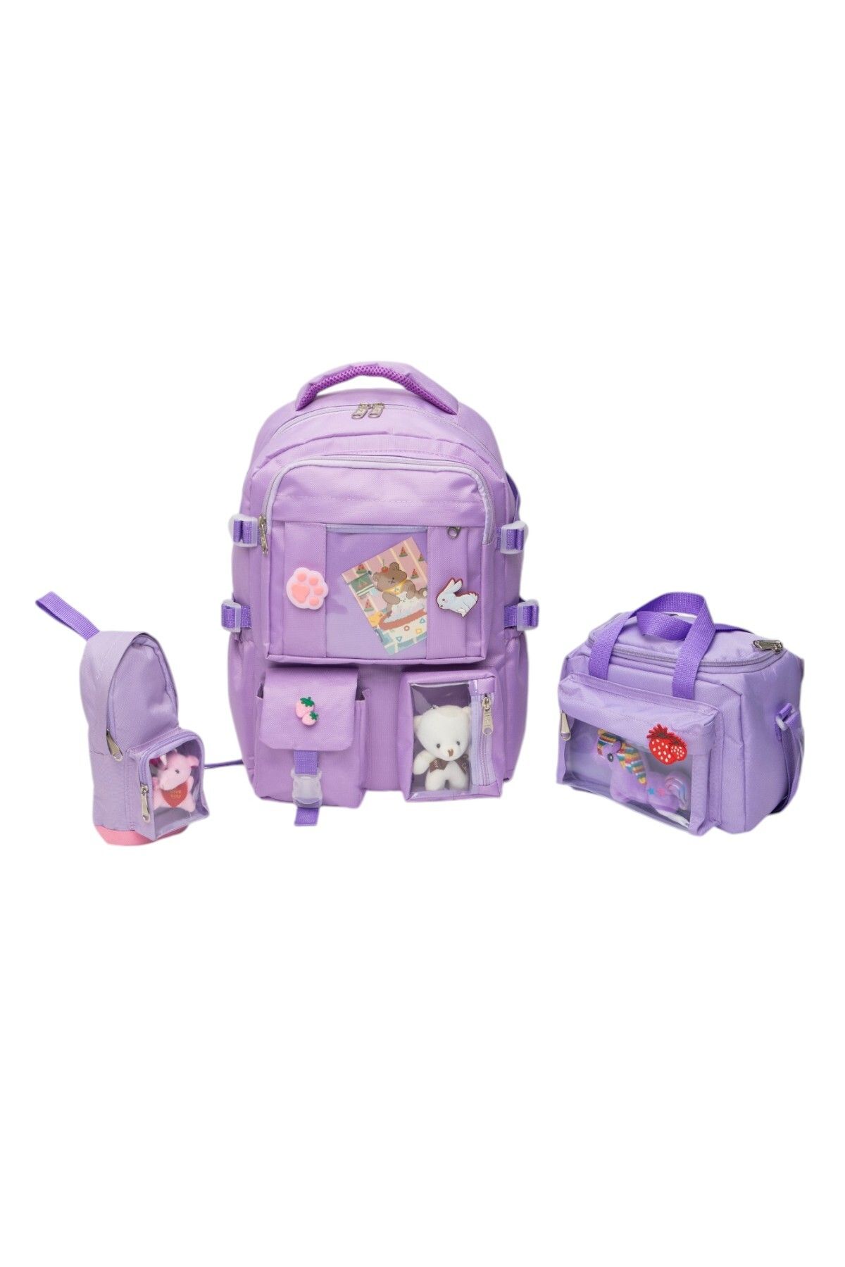 QUOVO Kawaii Kore Tarzı Full Aksesuarlı Yerli Günlük Okul Çantası Kız Erkek Beslenme Kalemlik Çanta Seti