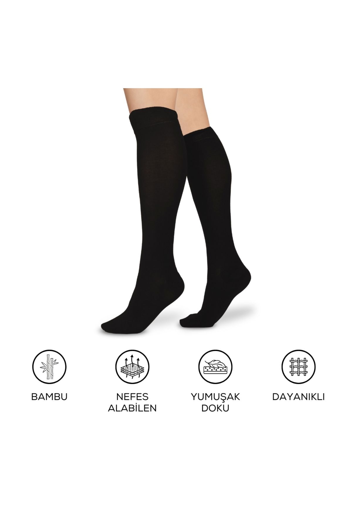 Matateks Bambu Kadın Dizaltı  Düz Siyah Renk Yumuşak Uzun Dikişsiz Çorap / Teni Göstermeyen Çorap