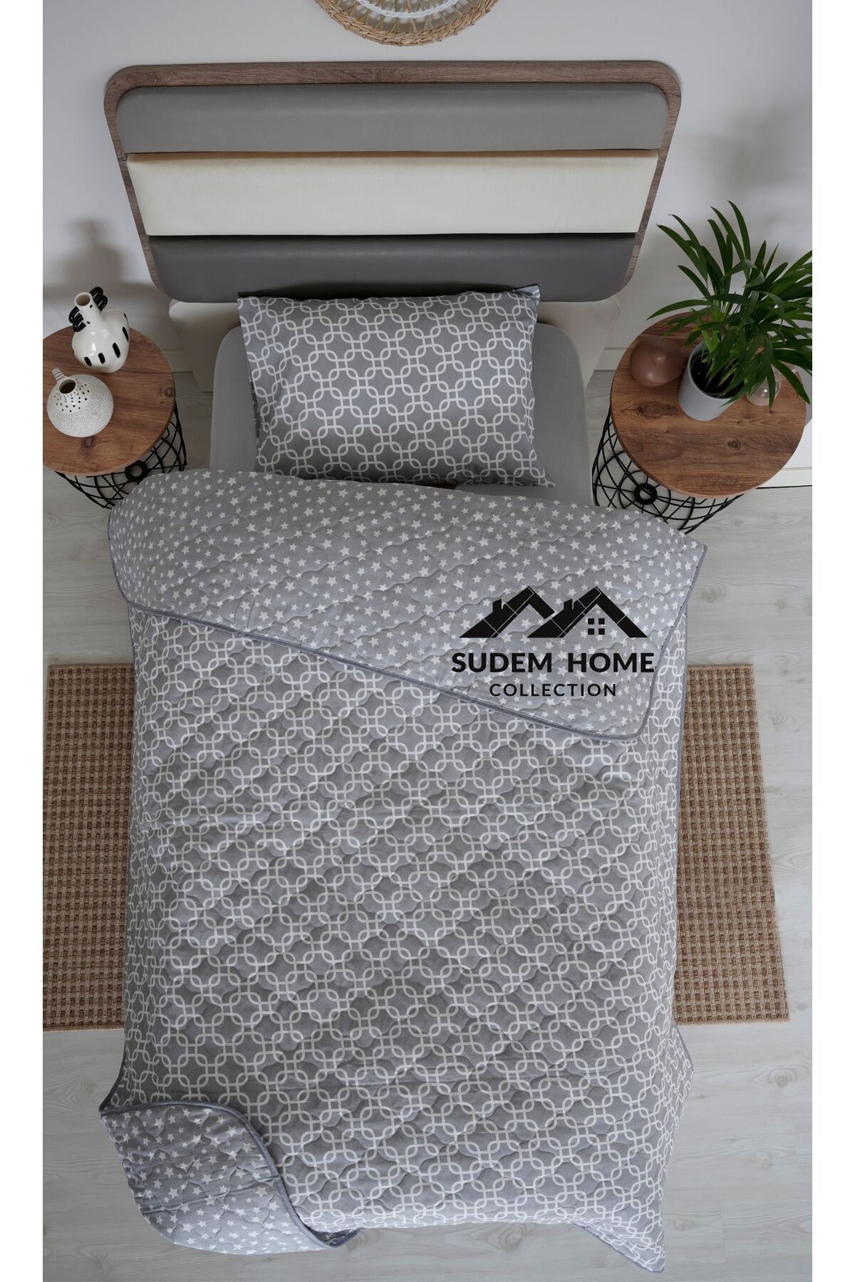 Sudem Home Collection Tek Kişilik Çift Taraflı Kapitoneli Genç Yatak Örtüsü Gri Zincir