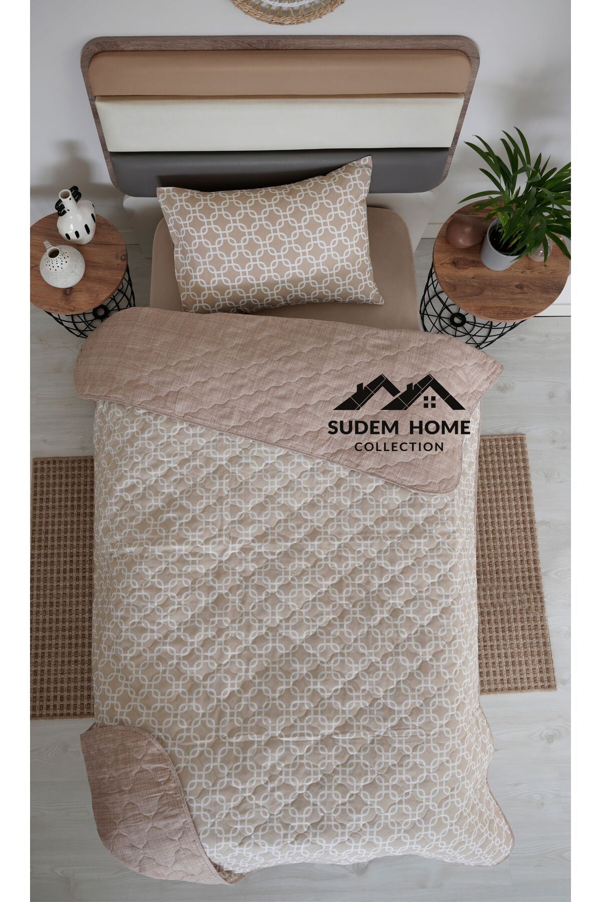 Sudem Home Collection Tek Kişilik Çift Taraflı Kapitoneli Genç Yatak Örtüsü Bej Zincir