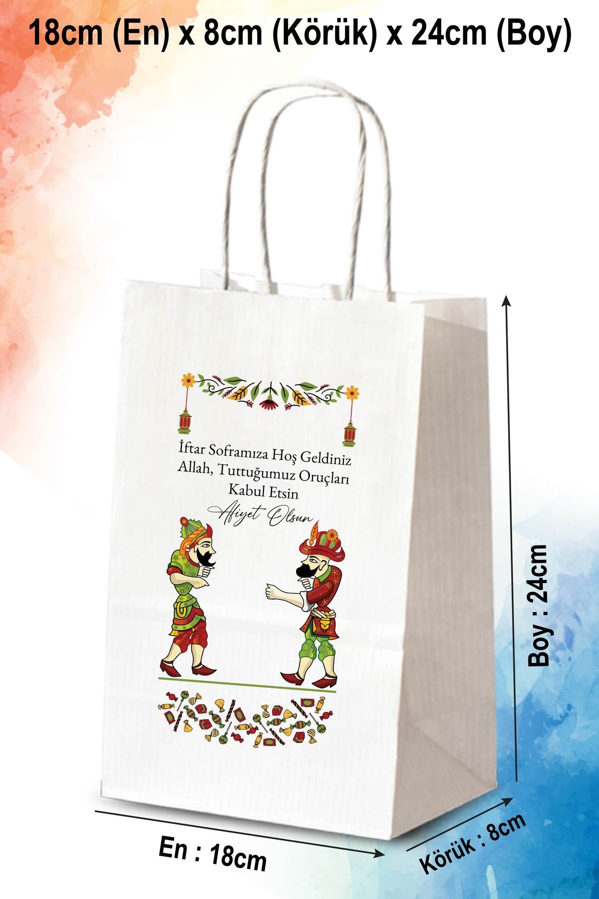 nna tasarım 12 Adet "RAMAZAN 2025" Tek Yön Baskılı Hediyelik Kağıt Çanta/poşet 18X8X24 cm(BC150-12)