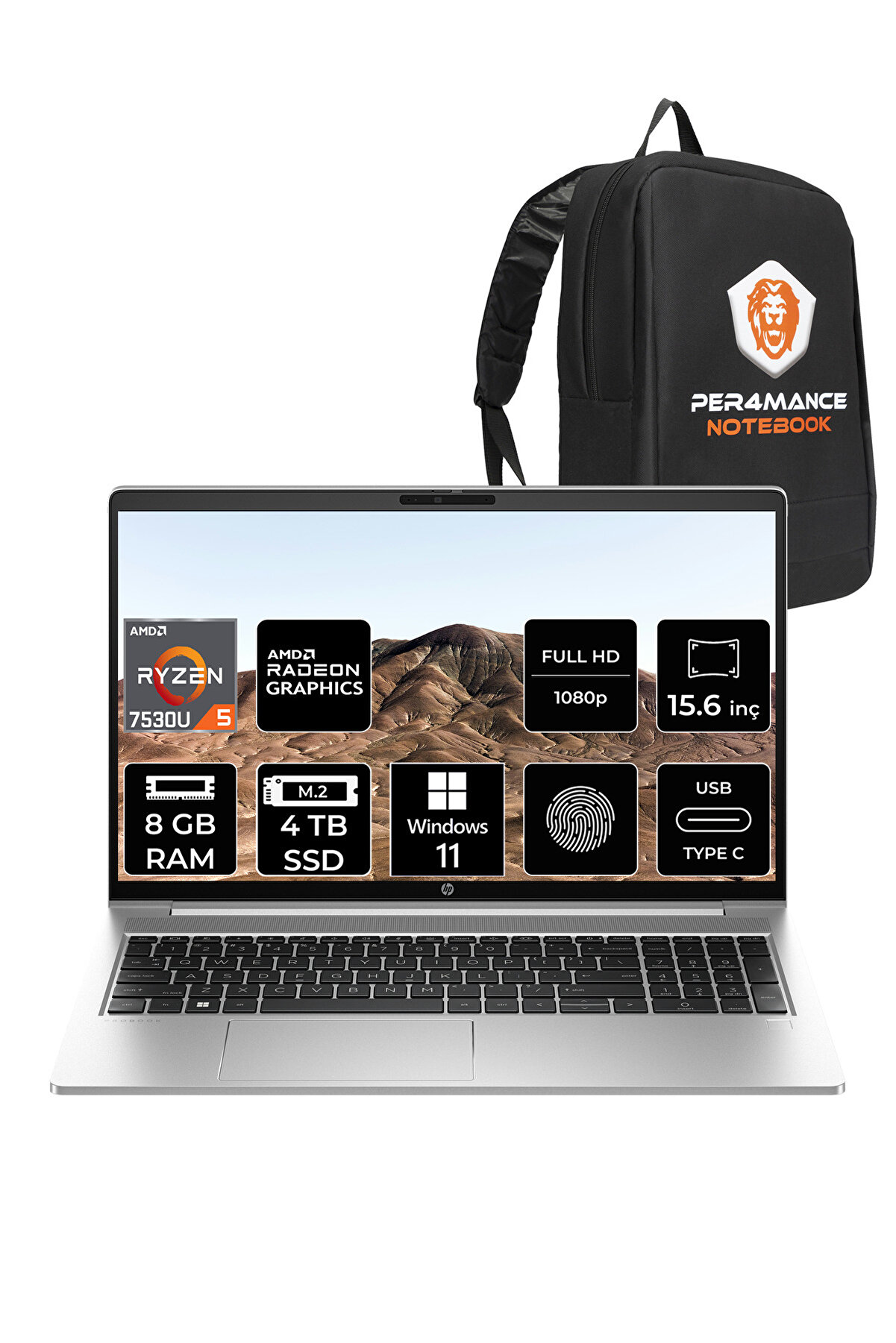 ProBook 455 G10 R5 7530U 8GB RAM 4TB SSD 15.6'' FHD W11HOME Dizüstü Bilgisayar _106 PER4 ÇANTA