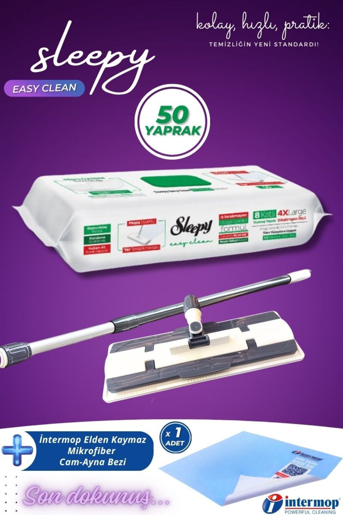 Sleepy Easy Clean Beyaz Sabun Katkılı Mopa Uyumlu Yer Temizlik Havlusu 50 Yaprak + Mop Aparatı + Slim Bez