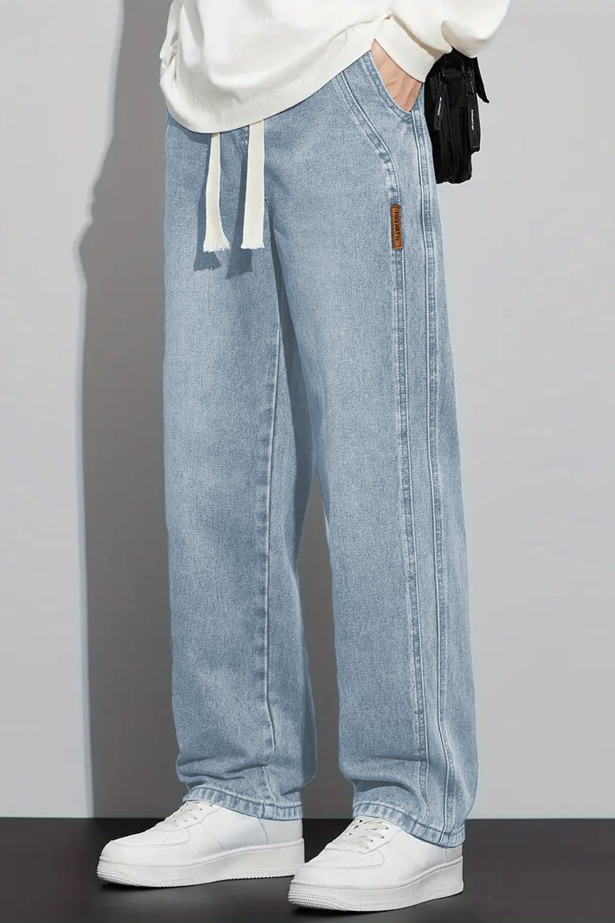 THE RULE Erkek Buz Mavi Baggy Beli Lastikli Likralı Düz Paça Bol Kesim Esnek Jean Denim Kot Pantolon Rf0484