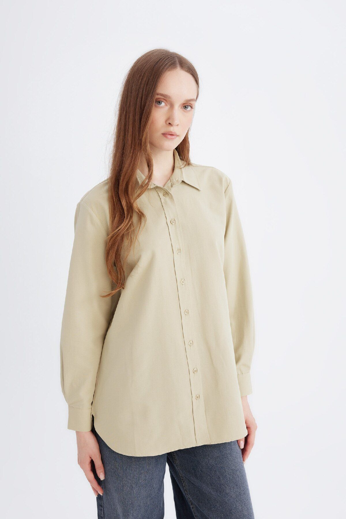 Defacto Relax Fit Basic Düz Poplin Uzun Kollu Gömlek Tunik D7341ax25sp