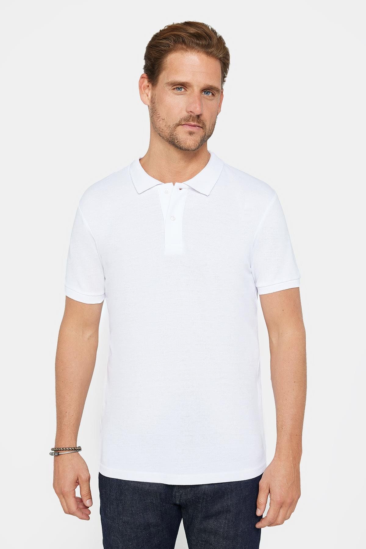 Tudors Erkek Slim Fit Dar Kesim Pamuklu Yumuşak Doku Nefes Alan Kumaş Kıvrılmaz Yaka Beyaz Polo Yaka Tişört