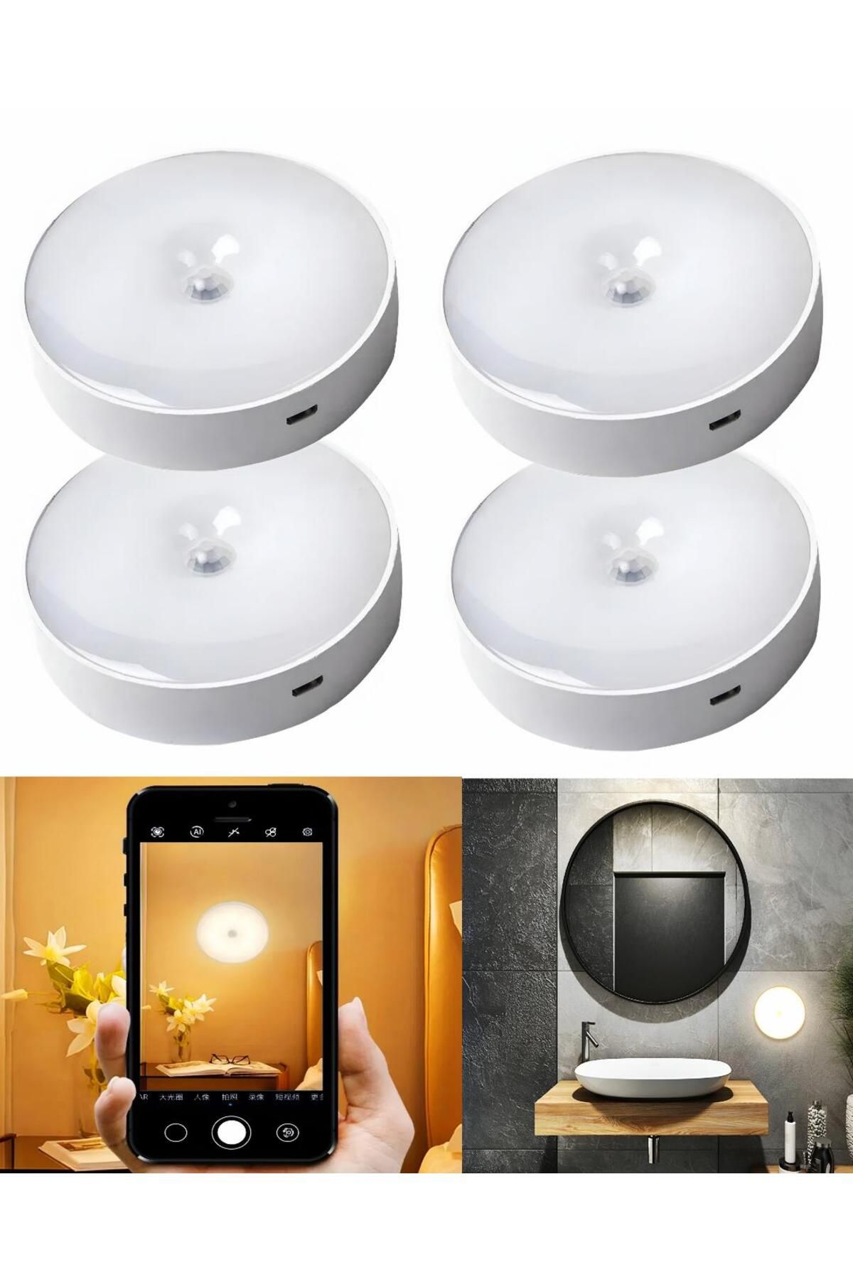 Kyrotech 4 Adet Şarjlı Hareket Sensörlü 8 Led Banyo Dolap Merdiven Lamba Yapışkanlı Manyetik Gün Işığı Aplik