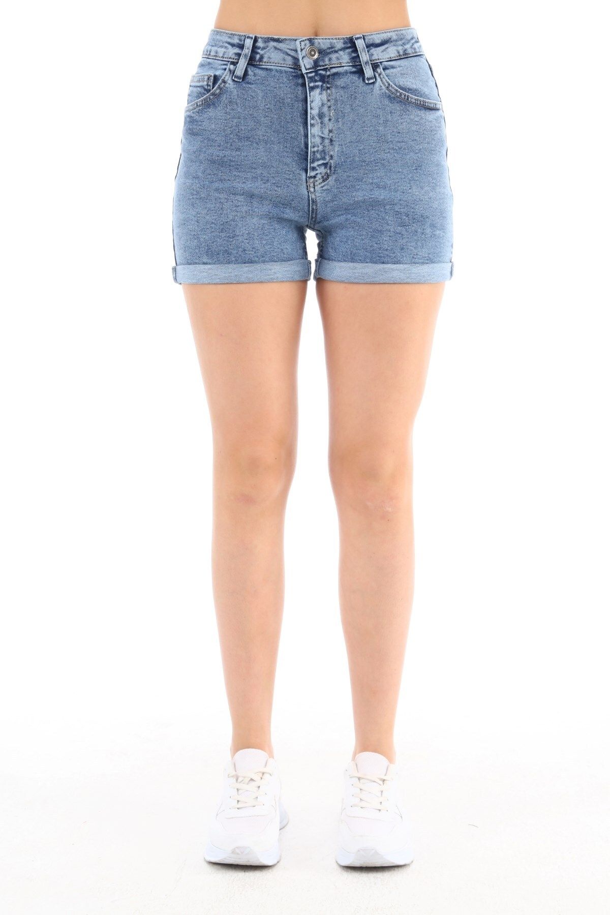 CEDY DENIM Kadın Yüksek Bel Duble Paça Kot Şort Klasik Mini Jean Şort C604