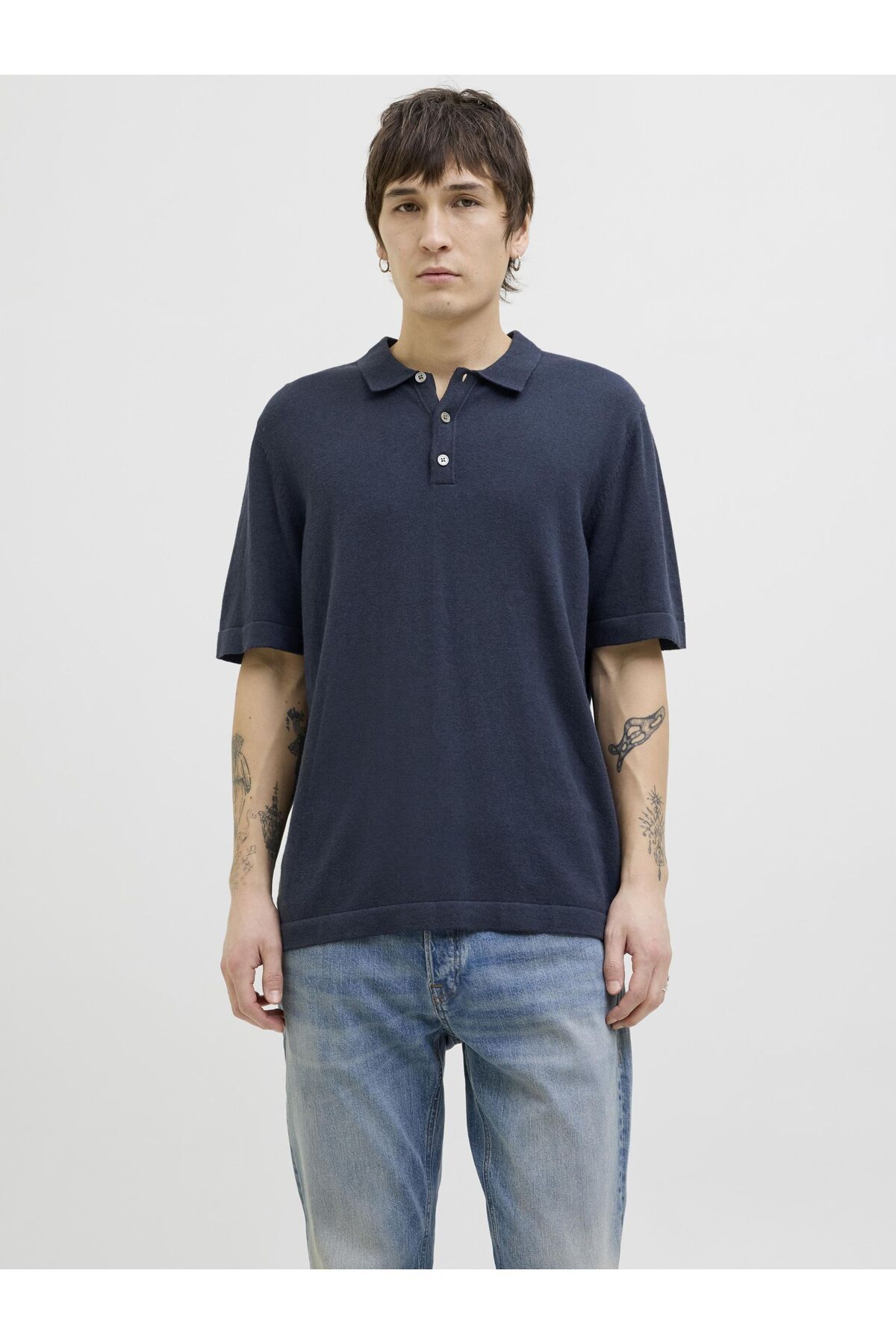 Jack & Jones Erkek Lacivert Jjeemil Knit Relaxed Polo Ss Sn Polo Tişört 12268216-Navyblaze