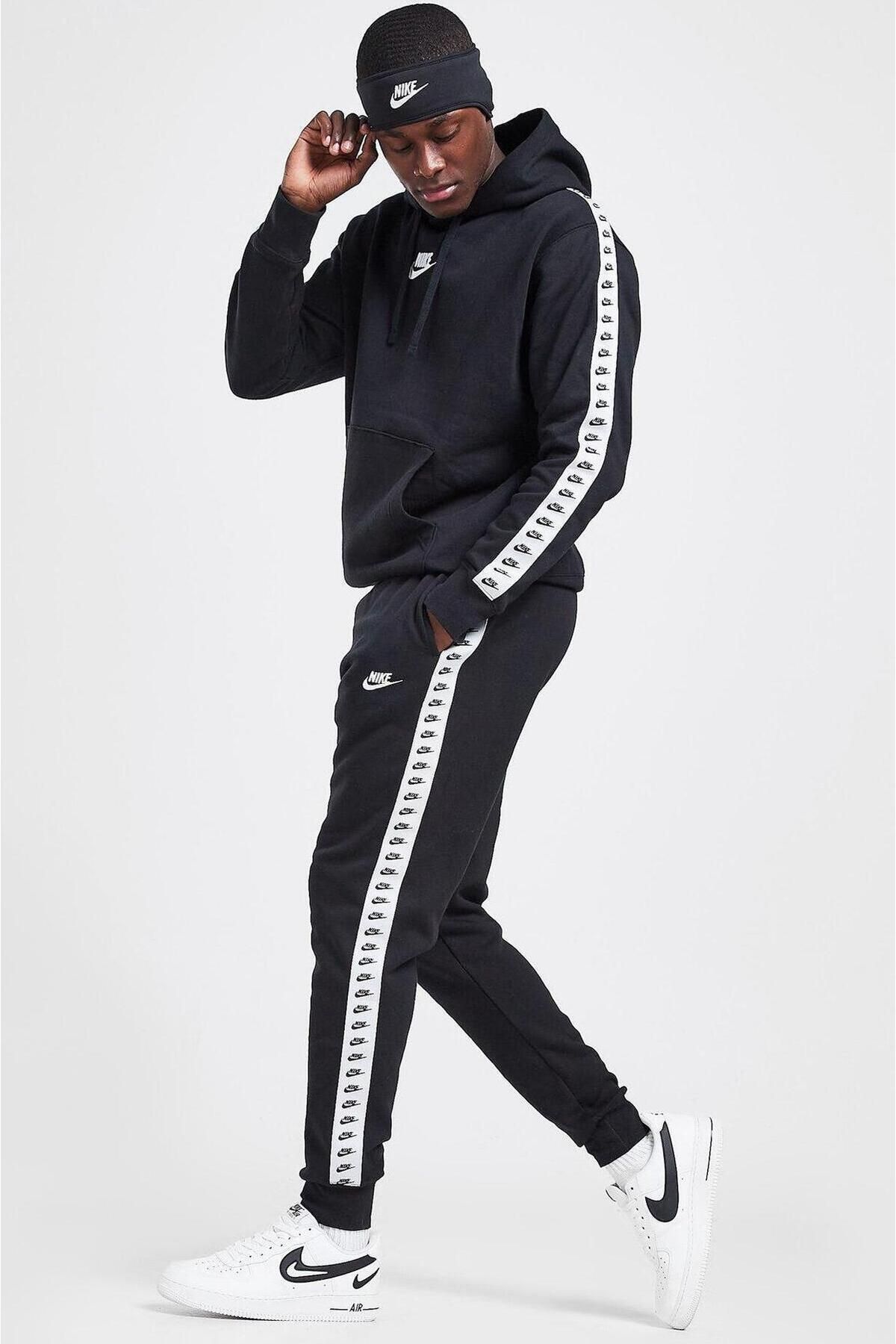 Nike Fleece Repeat Logo Full Tracksuit Set Erkek Şardonlu Siyah Eşofman Takımı