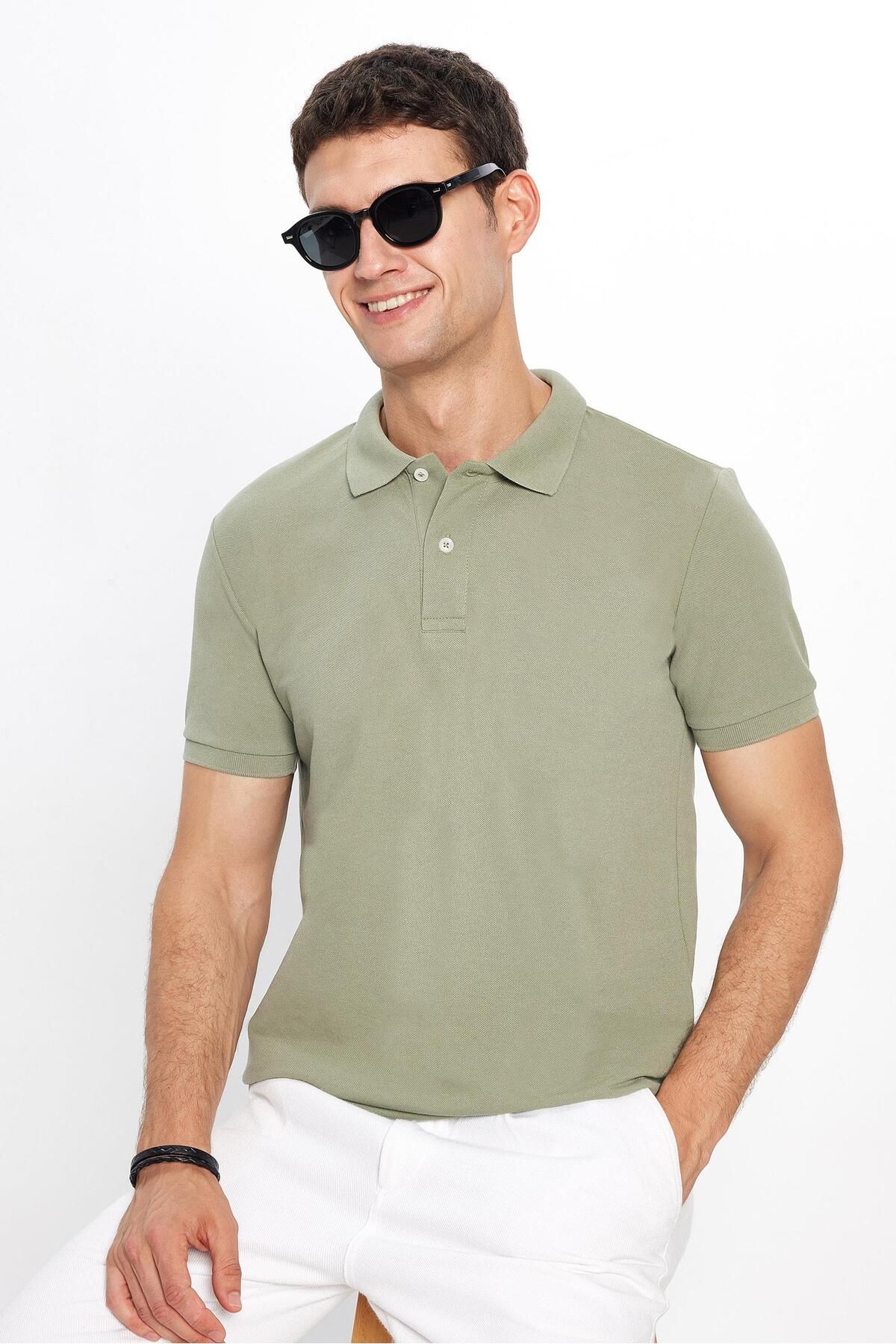 Tudors Erkek Slim Fit Dar Kesim Pamuklu Yumuşak Dokulu Serin Tutan Kumaş Düz Pike Haki Polo Yaka Tişört