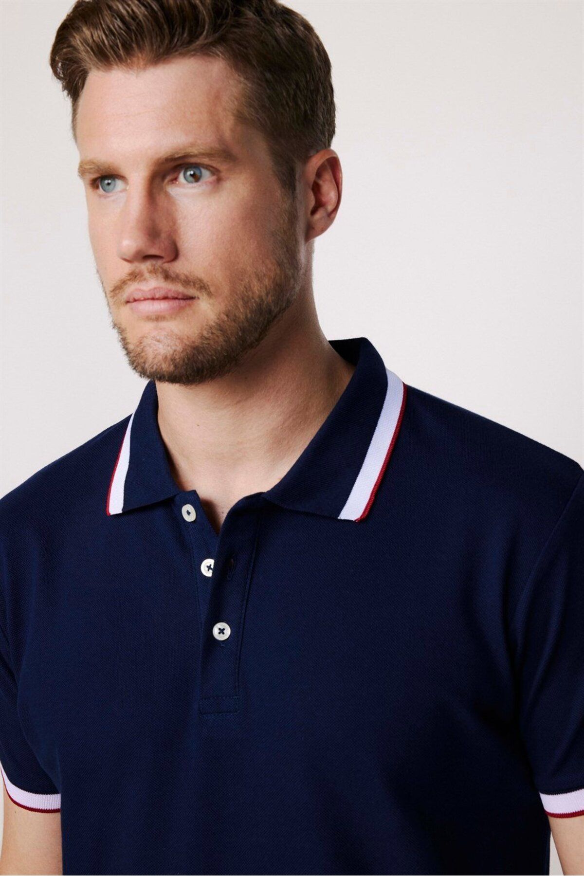 Tudors Erkek Slim Fit Dar Kesim %100 Pamuk Düz Pike Kol Şeritli Lacivert Polo Yaka Tişört