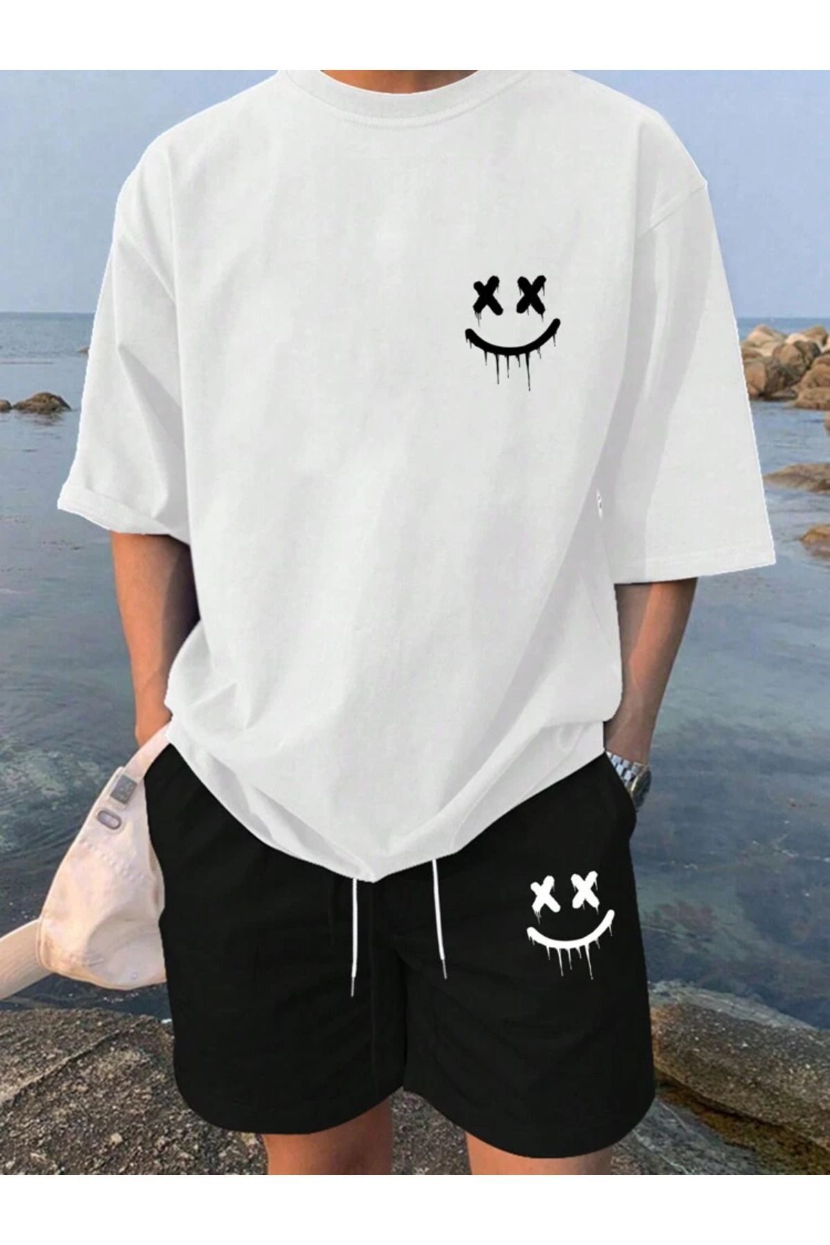 Wish BF Unisex Smile Minimal Tasarım Baskılı Oversize Alt Üst Şort T-shirt Ve Şort Takım