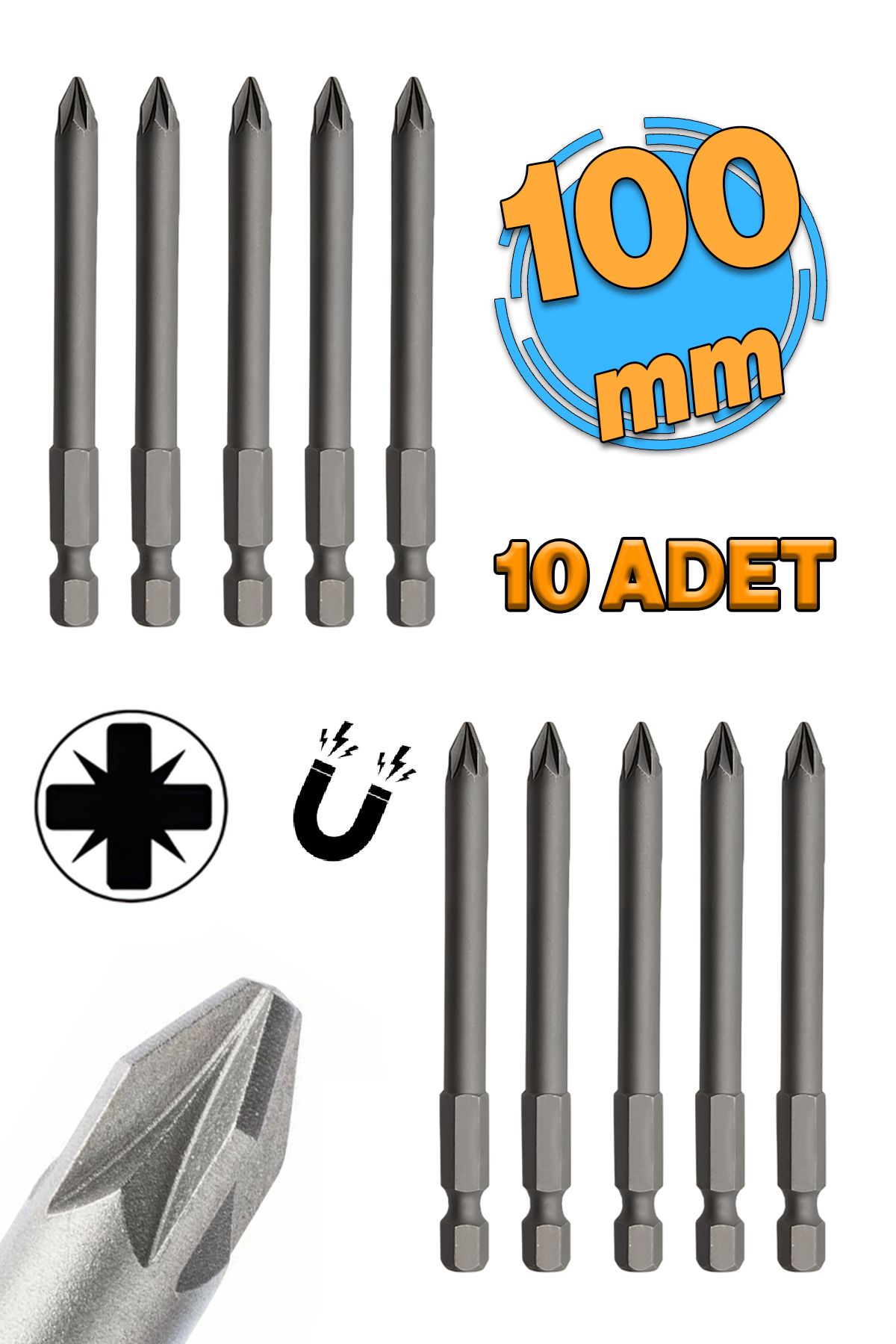 Badem10 Mıknatıslı Pozidriv Bits Uç PZ2 100 mm 10'lu Set Kutulu Manyetik 1/4" Matkap Ucu 10 cm