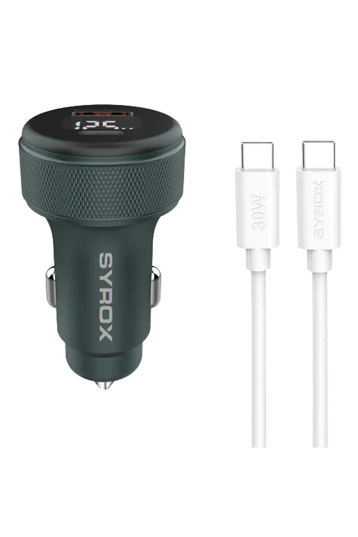 Syrox SC30T 3.1A 30W PD Q.C. 3.0 1mt Type-C Kablolu Ekranlı Type-C + USB-A Araç Şarj Cihazı - Siyah