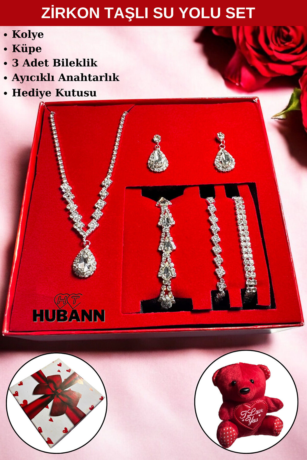 Hubann Zirkon Taşlı Gümüş Renk Takı Seti Ayıcık Anahtarlıklı Kutulu Hediyelik Ürün Sevgiliye Hediye