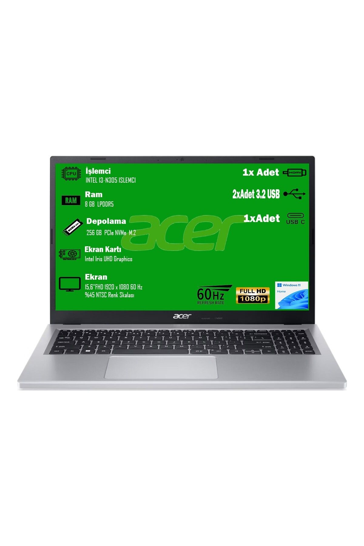 ACER Aspıre 3 A315-510p-39s1 Intel Core I3 N-305 8gb Ddr5 Ram 256gb Ssd Intel Uhd 15.6"fhd W11 Home