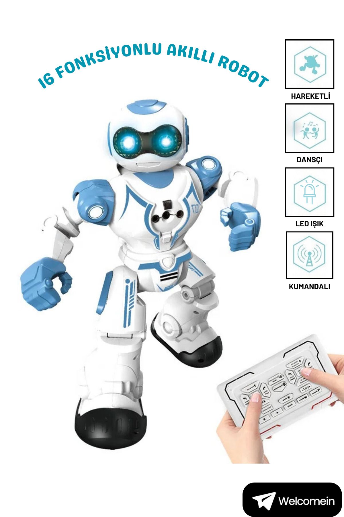 welcomein 16 Fonksiyonlu Şarjlı Uzaktan Kumandalı Akıllı Robot Sesli Işıklı Programlama Dans Moonwalk Robot
