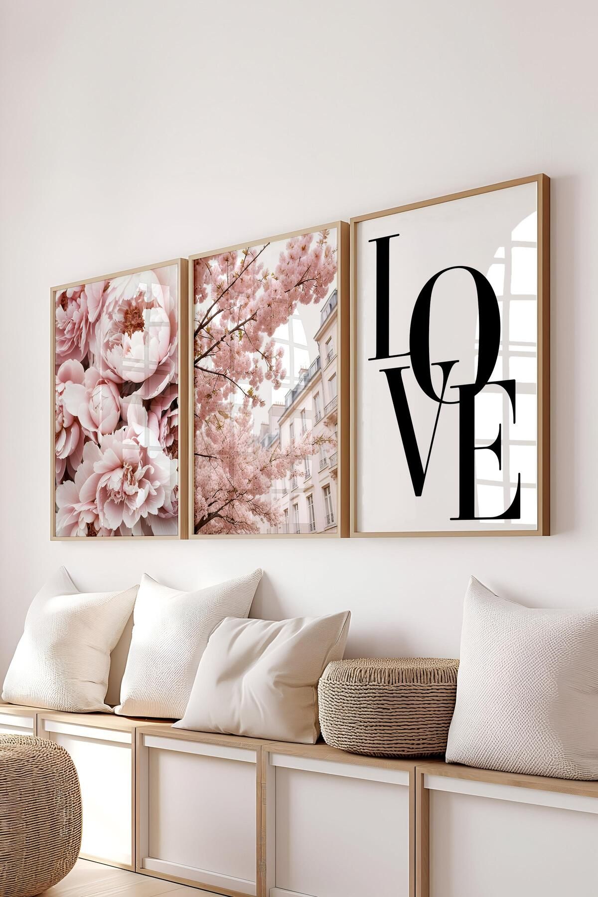 postifull Ahşap Çerçeveli Tablo Seti, Soft Pembe Duvar Tablosu, 3 Adet Poster Seti, No:300709