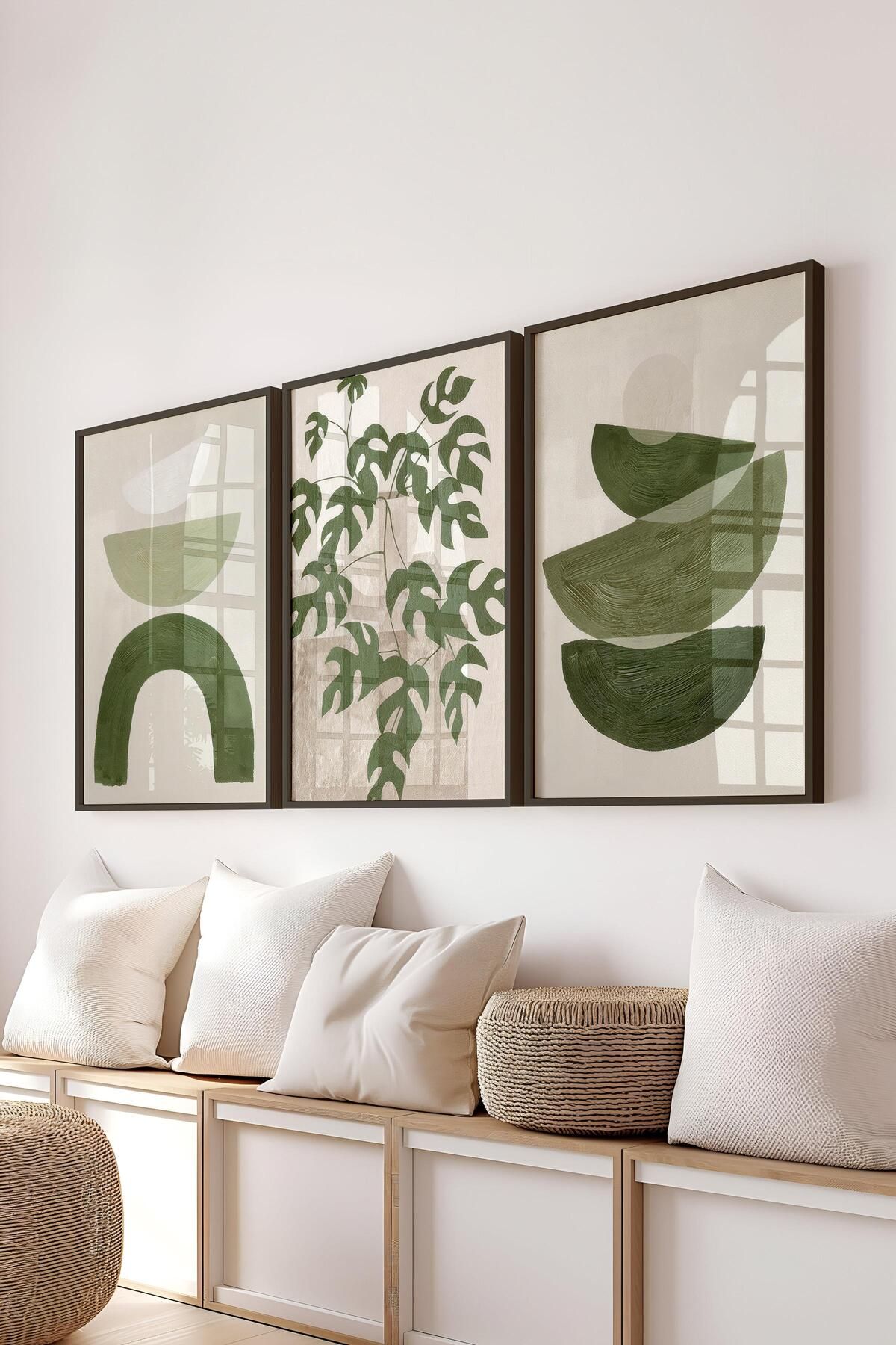 postifull Siyah Çerçeveli Tablo Seti, Soft Yeşil Duvar Tablosu, 3 Adet Poster Seti, No:300769