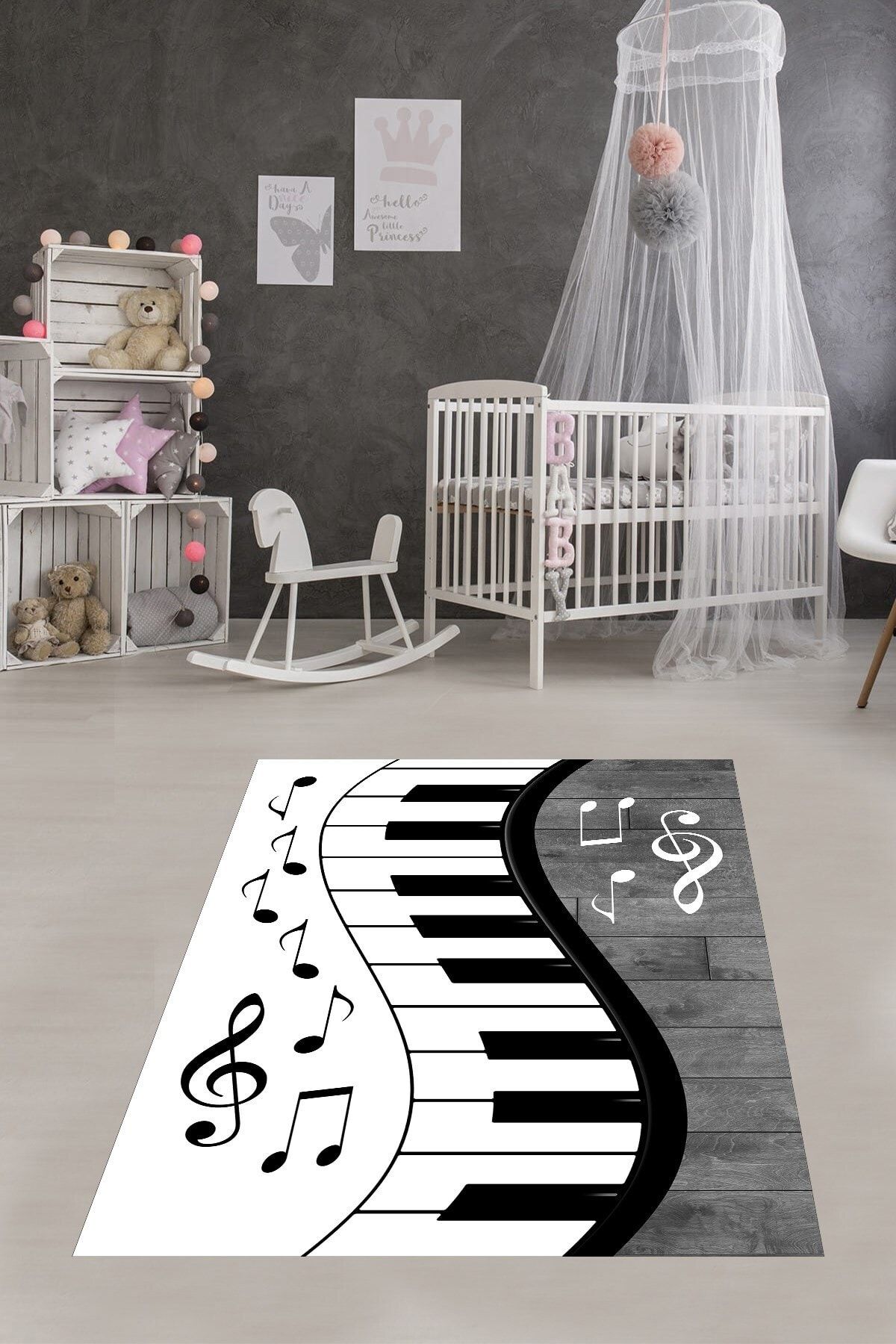 on the clouds Piyano Desenli Müzik Notalı Halı Dijital Baskı Yıkanabilir Kaymaz Taban Modern Salon Halısı