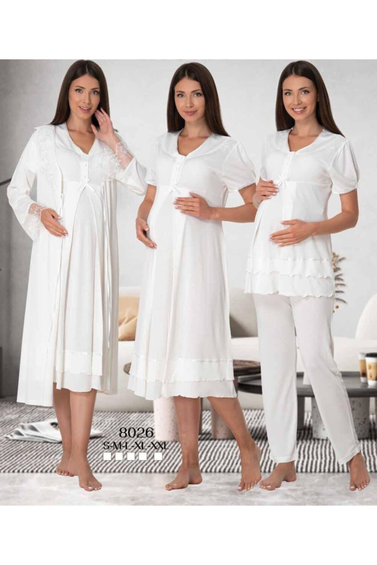 Lohussa Effort Kadın Beyaz Bel Ayarlı Dantel Sabahlıklı 4'lü Set Lohusa Hamile Pijama Gecelik Takımı