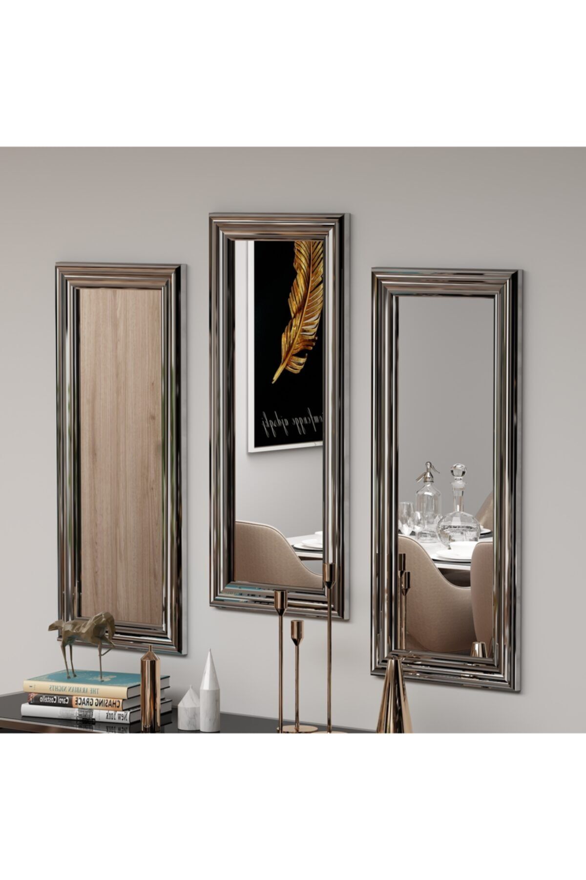MONEayna 3'lü Dekoratif Gümüş Çerçeveli Salon Ofis Aynası