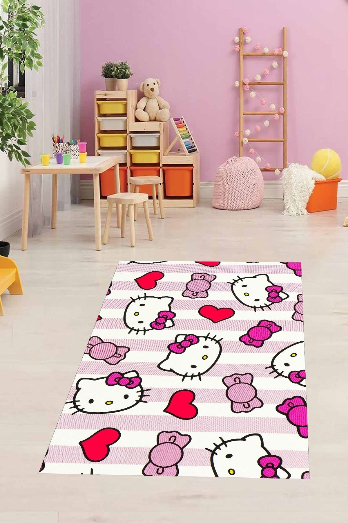 on the clouds Hello Kitty Kedi Desenli Kedili Kalpli Halı Dijital Baskı Yıkanabilir Kaymaz Taban Çocuk Odası Halıs