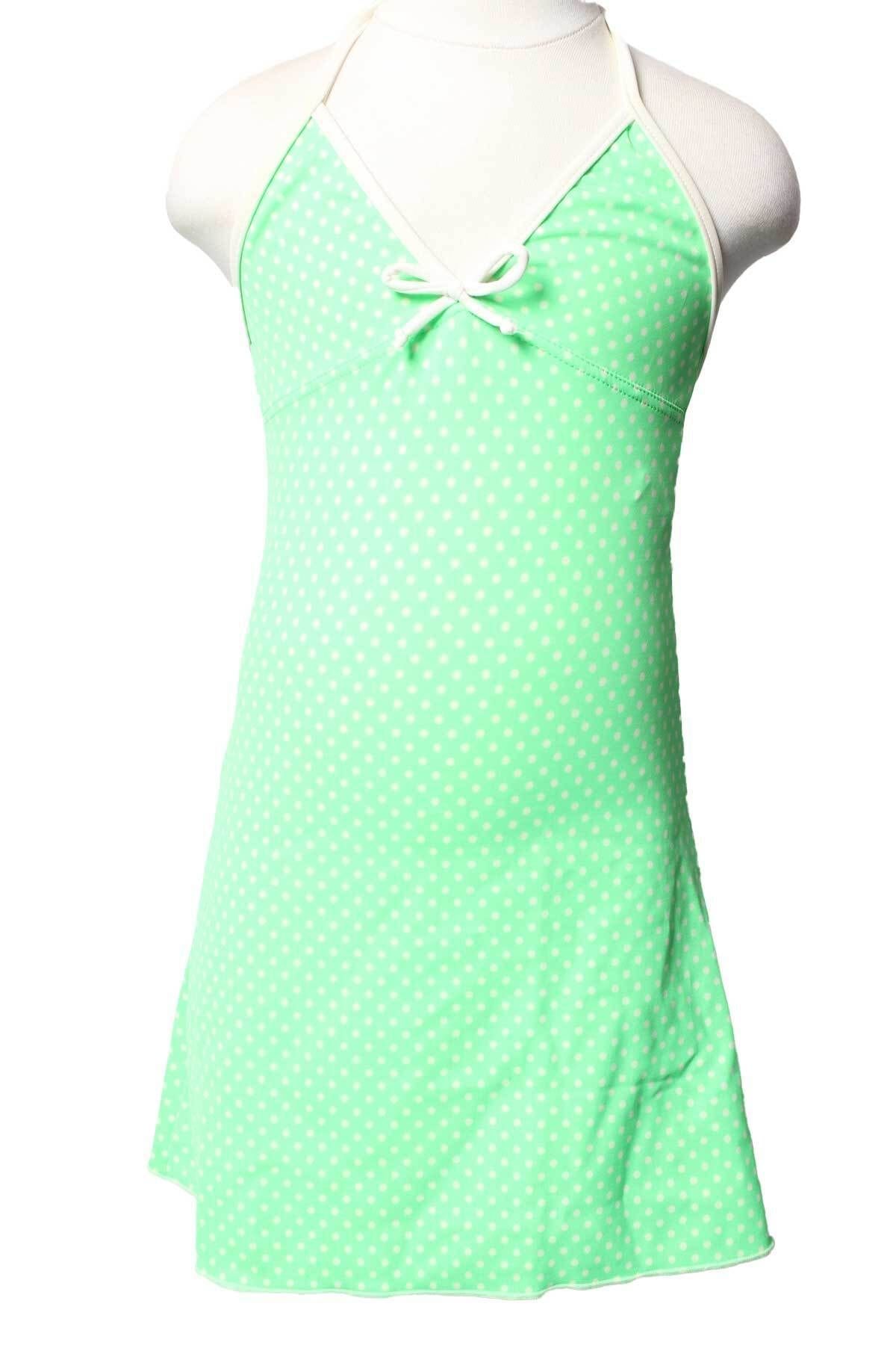 Sude Ayl Kız Çocuk Yeşil Renk Puantiyeli Fiyonk Detaylı Boyundan Bağlamalı Deniz Elbisesi 144-107