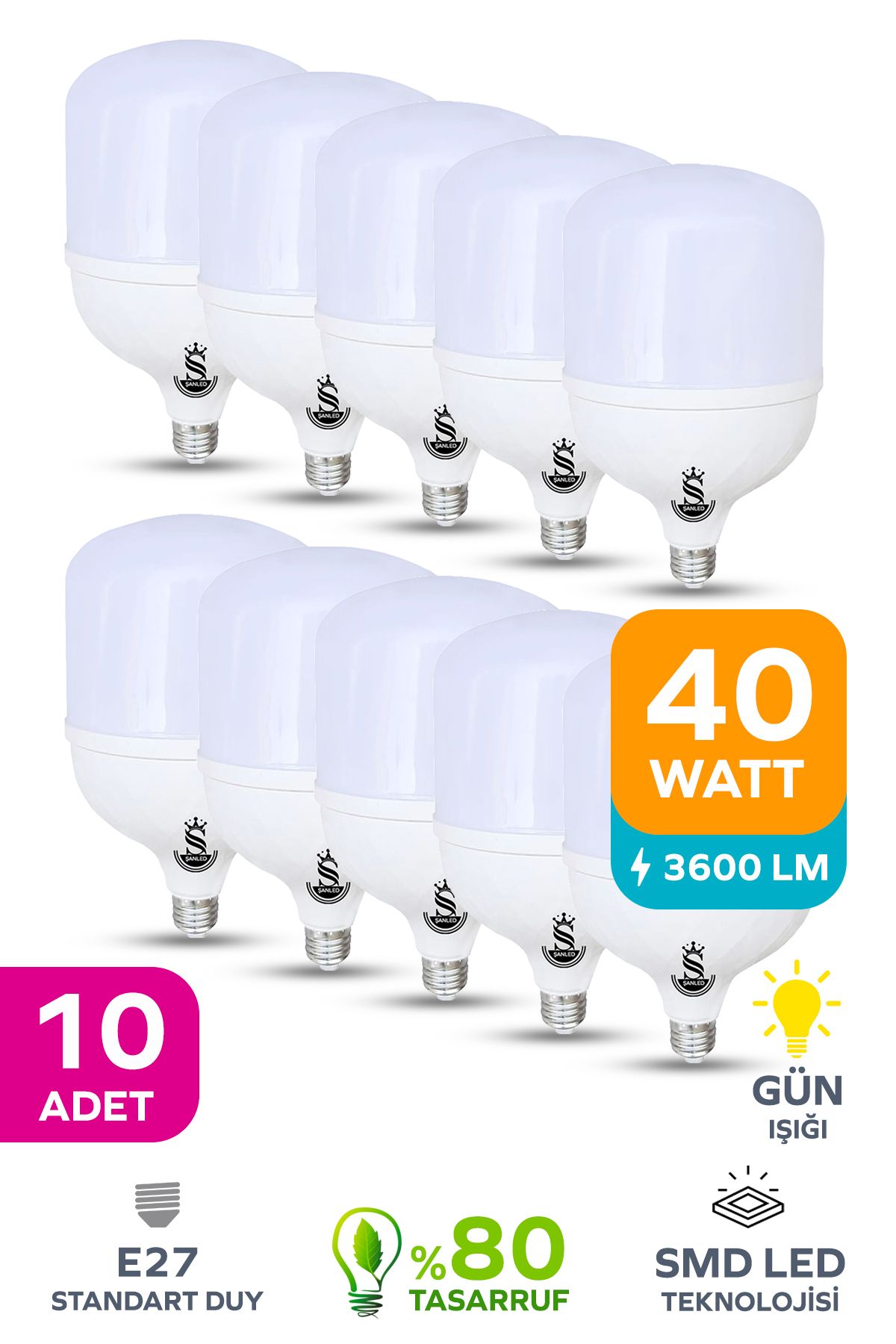 ŞANLED 40W Tasarruflu E27 GÜN IŞIĞI Torch Led Ampul-1-2-4-6-8-10 ADETTİR