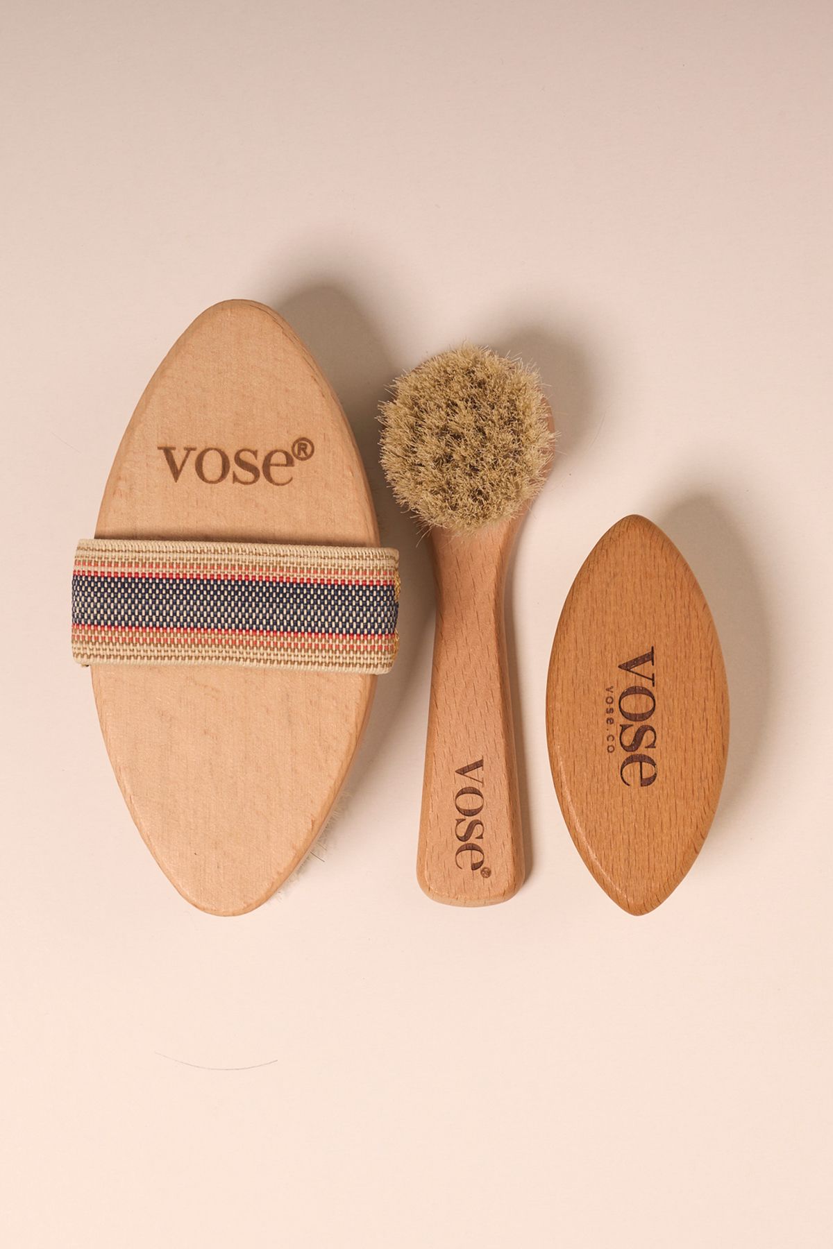 Vose 3' lü Set Doğal At Kılı Selülit Fırçası (Magnolia) + Yüz Fırçası + Tırnak Fırçası