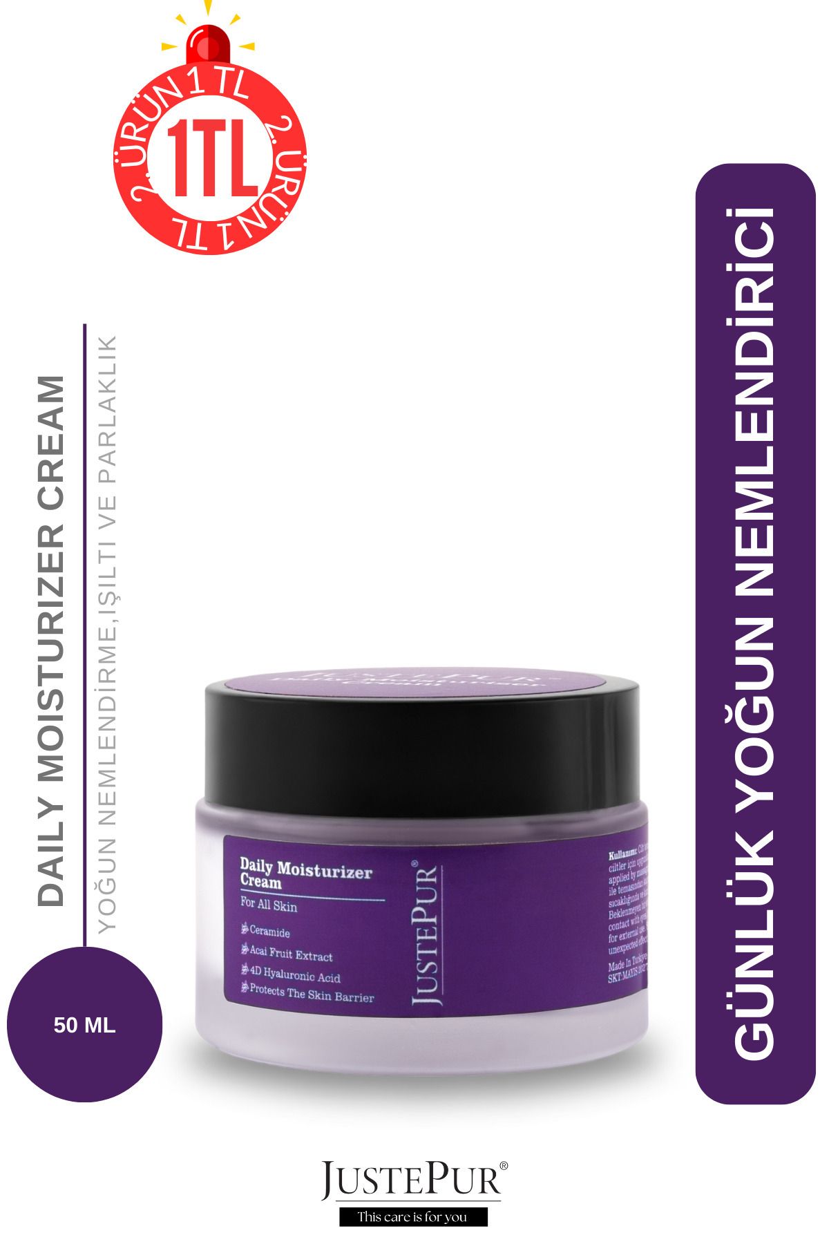 JUSTEPUR Acai Berry Özlü Günlük Yoğun Yüz Nemlendirici Krem Aydınlatıcı Yenileyici Su Bazlı Tüm Ciltler 50 ml