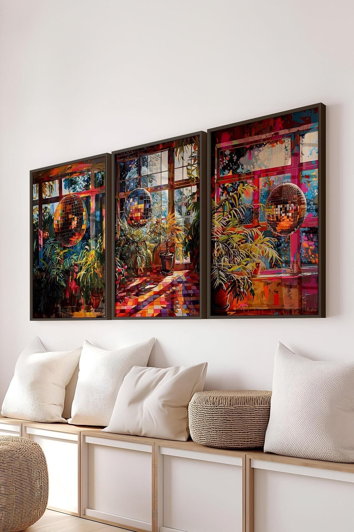 postifull Siyah Çerçeveli Tablo Seti, Disko Topu Maximalist Duvar Tablosu, 3 Adet Poster Seti, No:300797