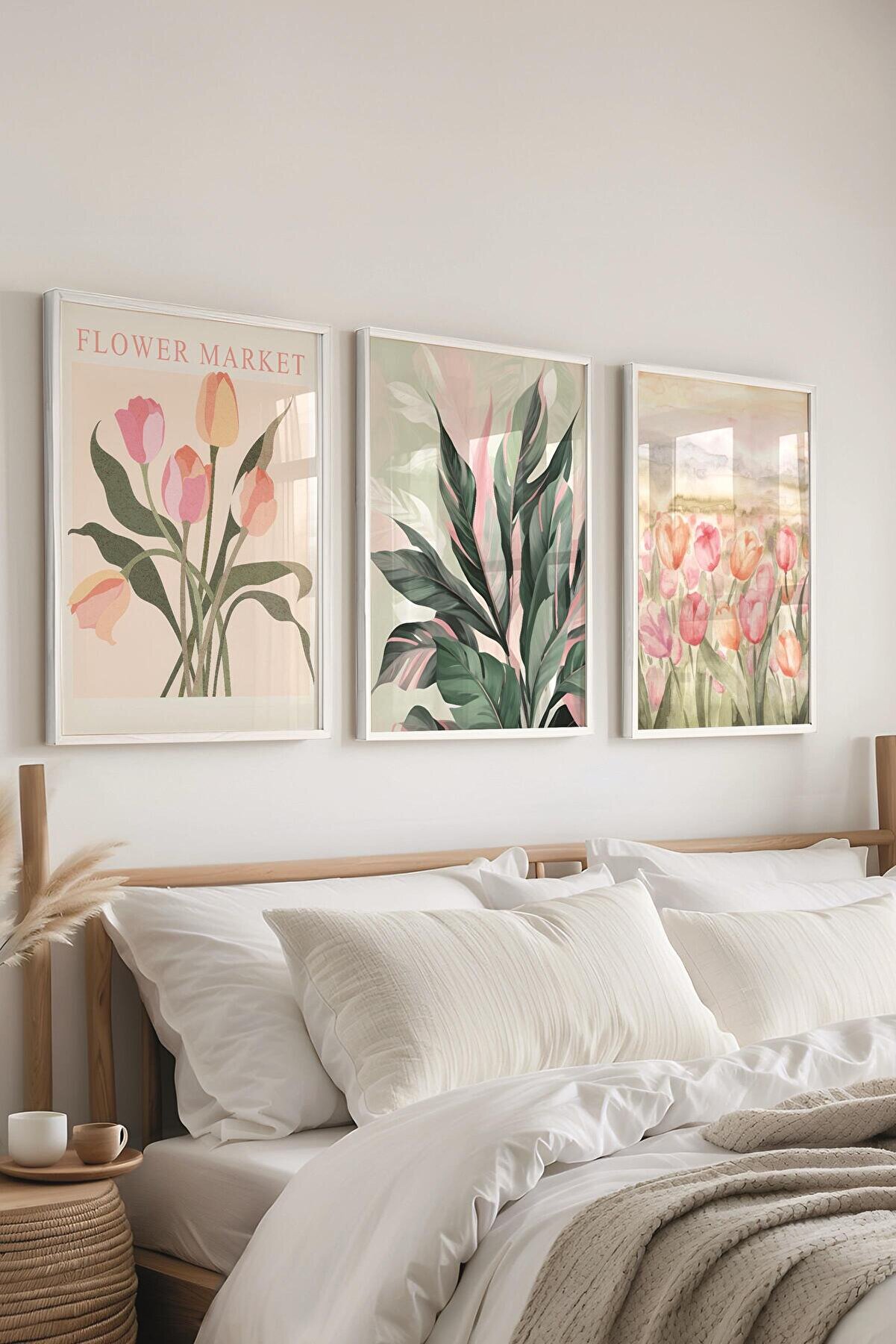 postifull Beyaz Çerçeveli Tablo Seti 3 Adet Çiçekler Duvar Tablosu - No:300778