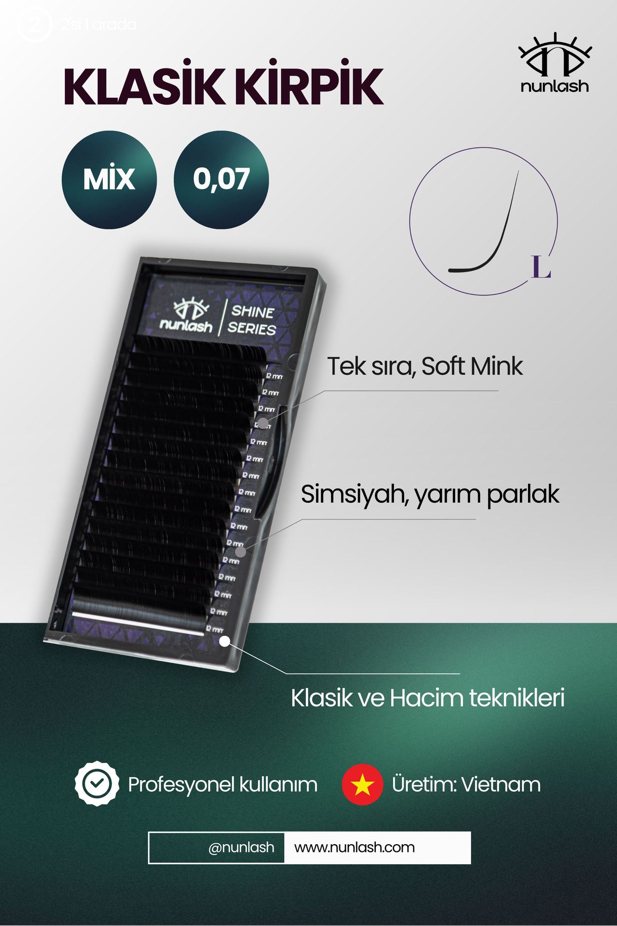 nunlash KLASİK İpek Kirpik L; 0,07; Mix 8-14 (Tekli İpek kirpik)