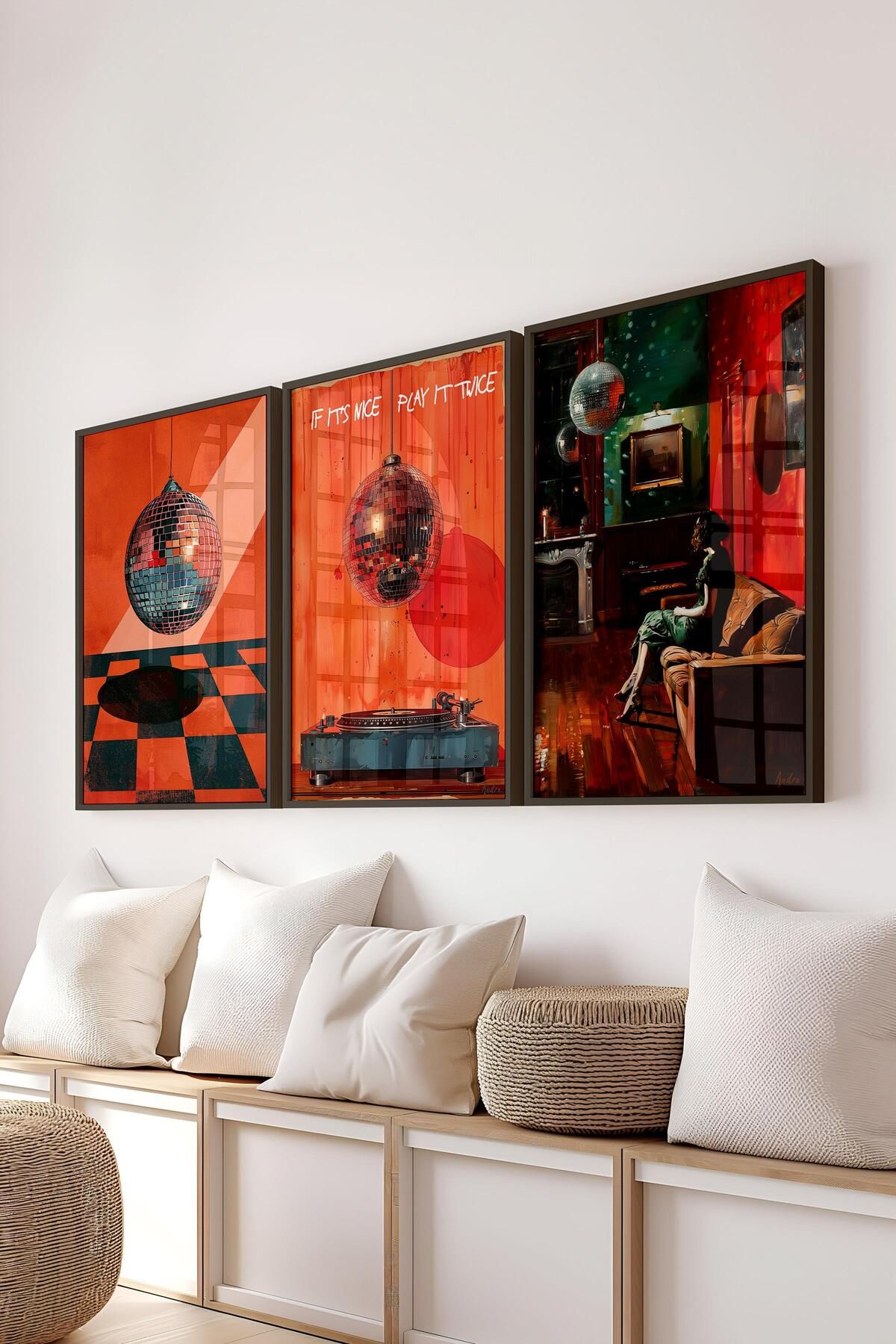 postifull Siyah Çerçeveli Tablo Seti, Disko Topu Maximalist Duvar Tablosu, 3 Adet Poster Seti, No:300791