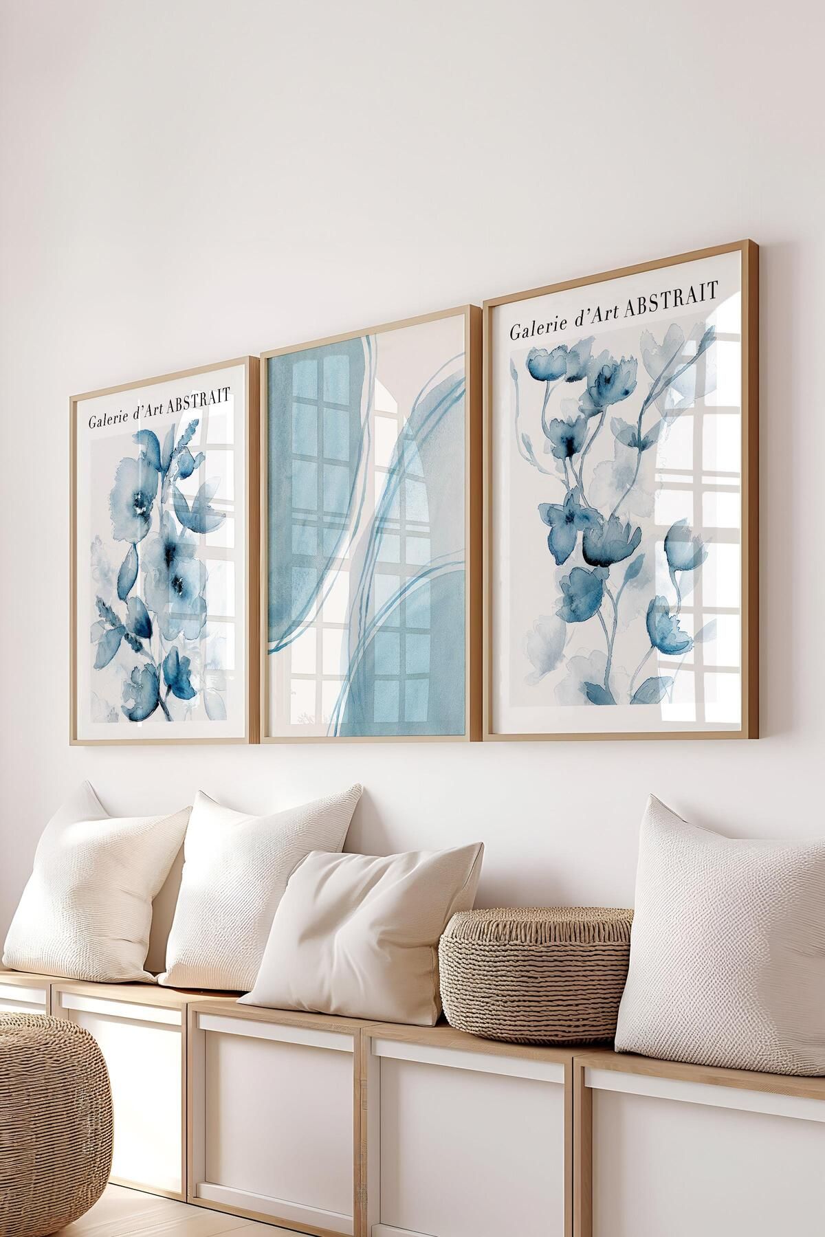 postifull Ahşap Çerçeveli Tablo Seti, Soft Açık Mavi Duvar Tablosu, 3 Adet Poster Seti, No:300775