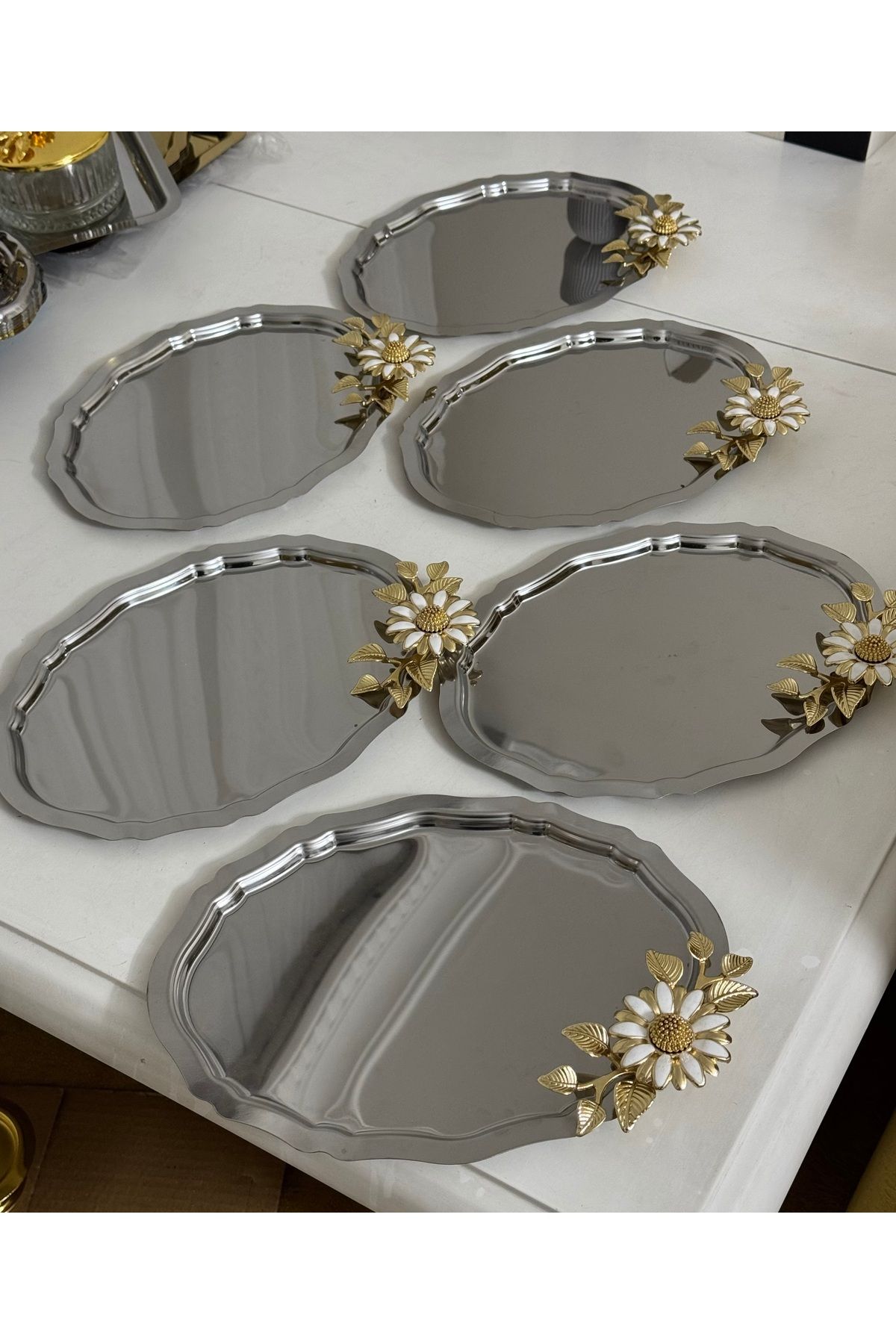 SEVA ÇELİK ÇELİK OVAL MODEL 6 ADET BÜYÜK PAPATYALI SERVİS VE SUNUM TEPSİSİ