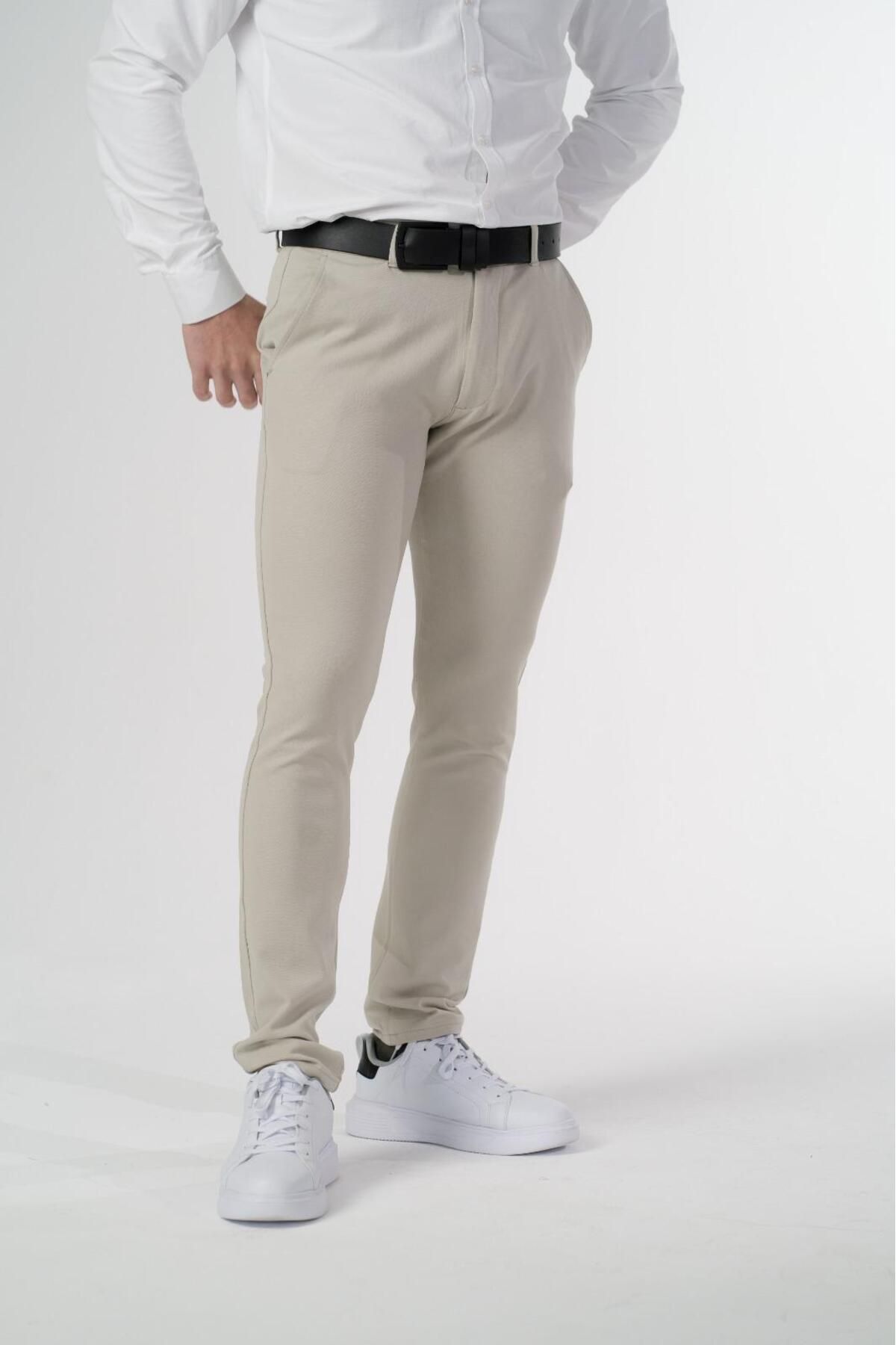 Drappe Esnek Kumaş Slim Fit Chino Erkek Pantolon Krem