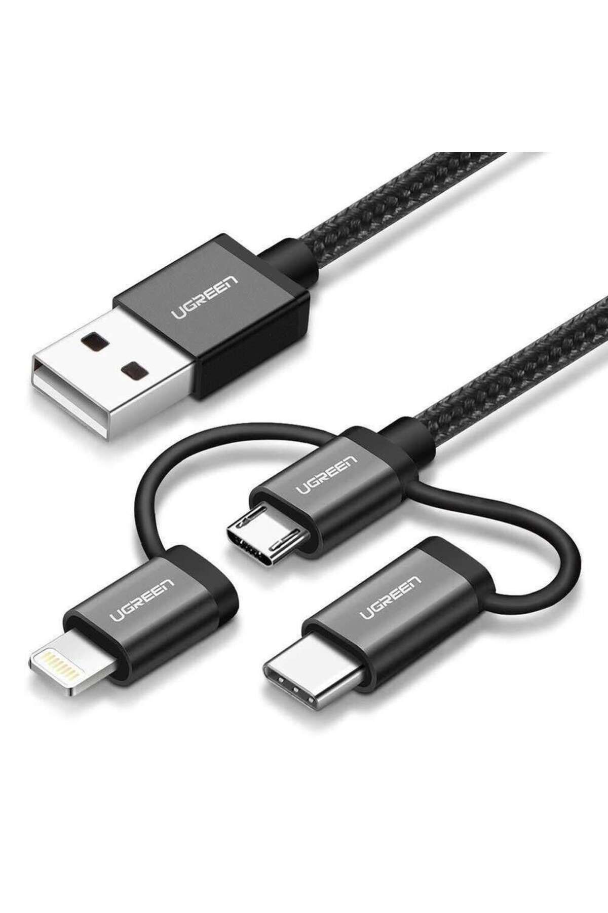 Ugreen 3 In 1 Ios Lightning Type-c Micro Usb Şarj Ve Data Kablosu Siyah